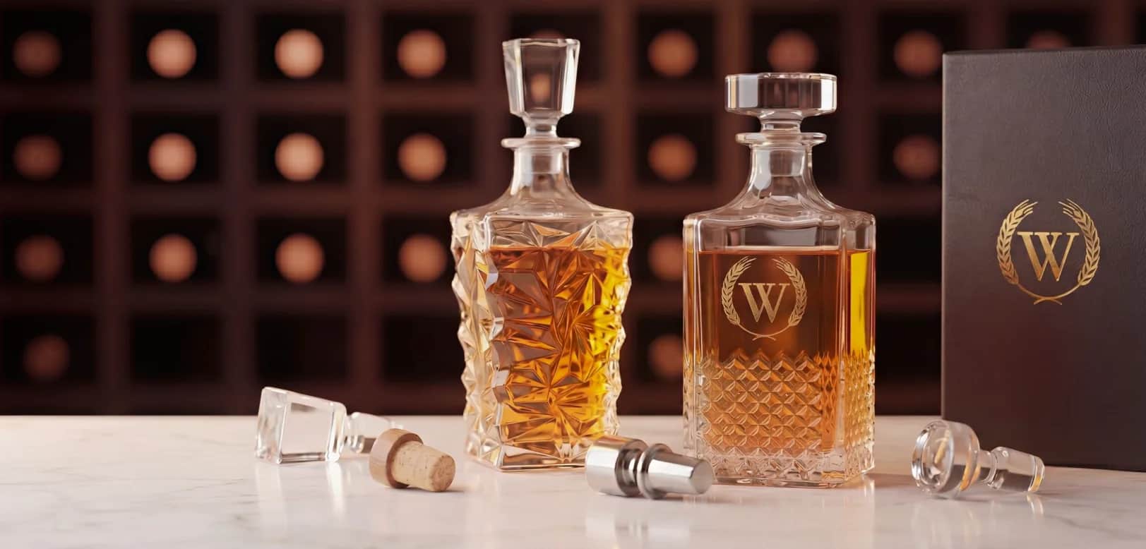 Oak barrel decanter with whiskey bottle and glass on a wooden serving tray