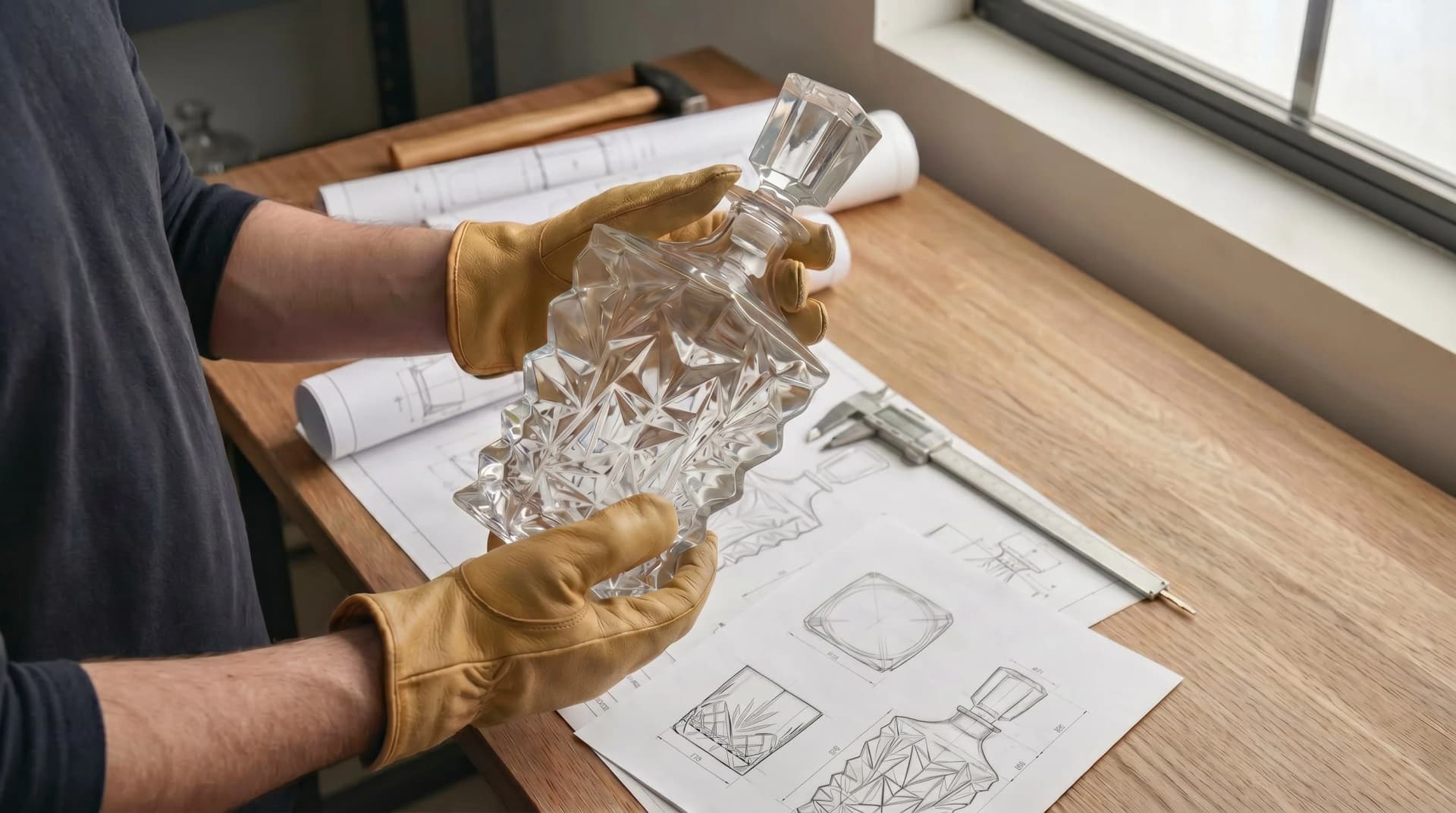 Glass decanter production line and quality inspection at the Qingdao manufacturing facility
