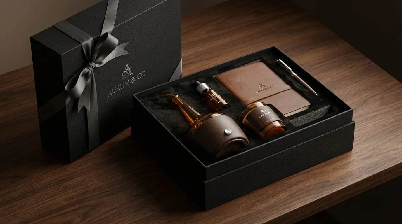 Premium whiskey tasting merchandise set with decanter, glasses, and luxury presentation