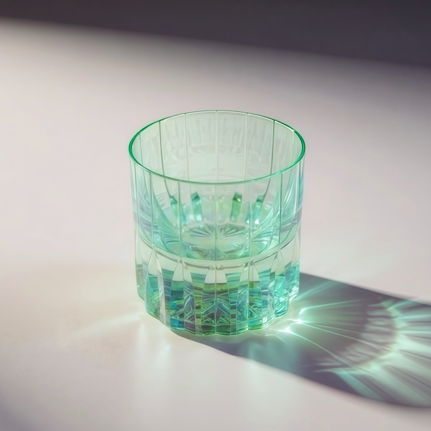 The Hand-Finished Prismatic Crystal Tumbler in iridescent green, casting colorful, shimmering caustics in the light.
