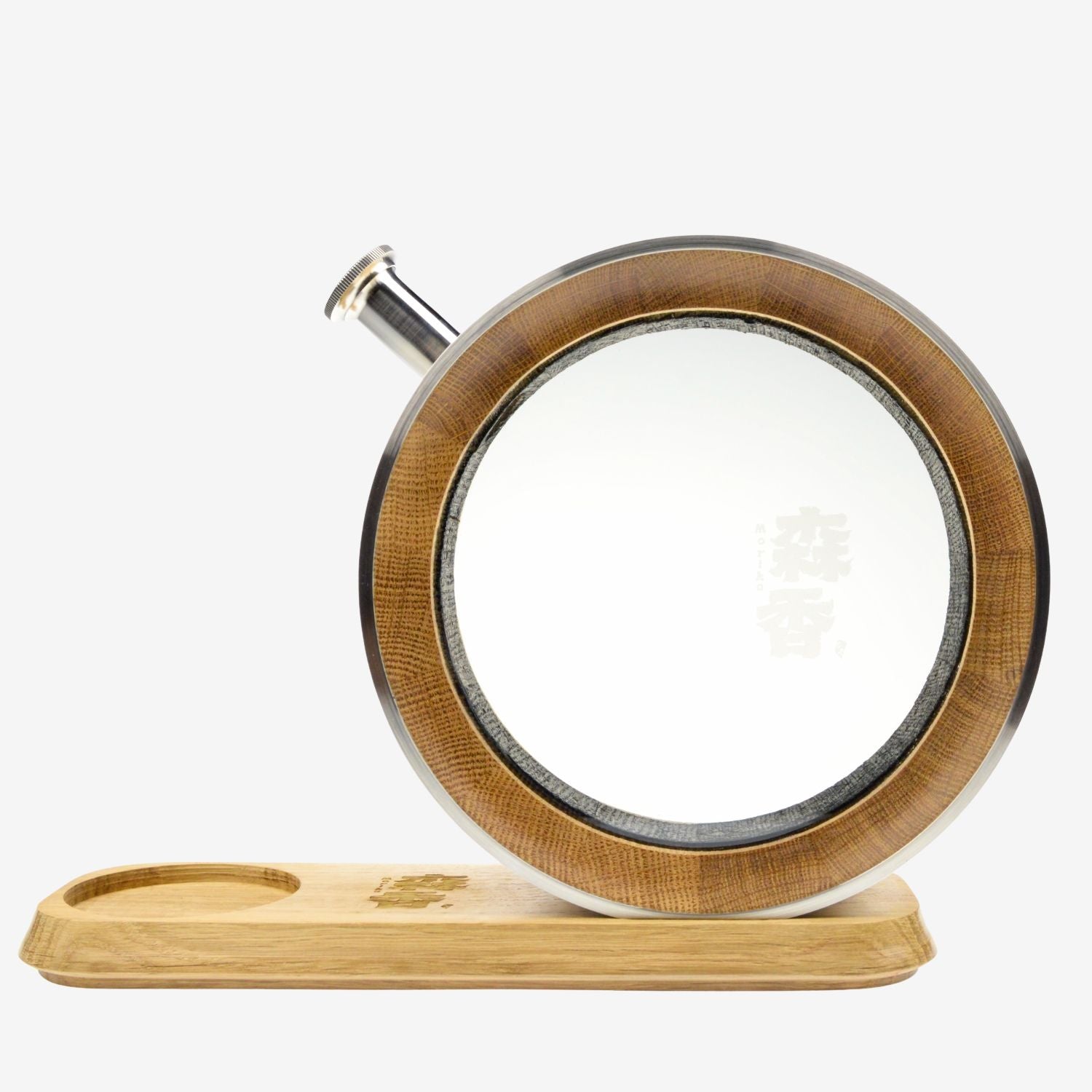 The Visual Aging Oak Barrel Decanter in a natural oak finish, shown on its matching wooden display stand against a white background.