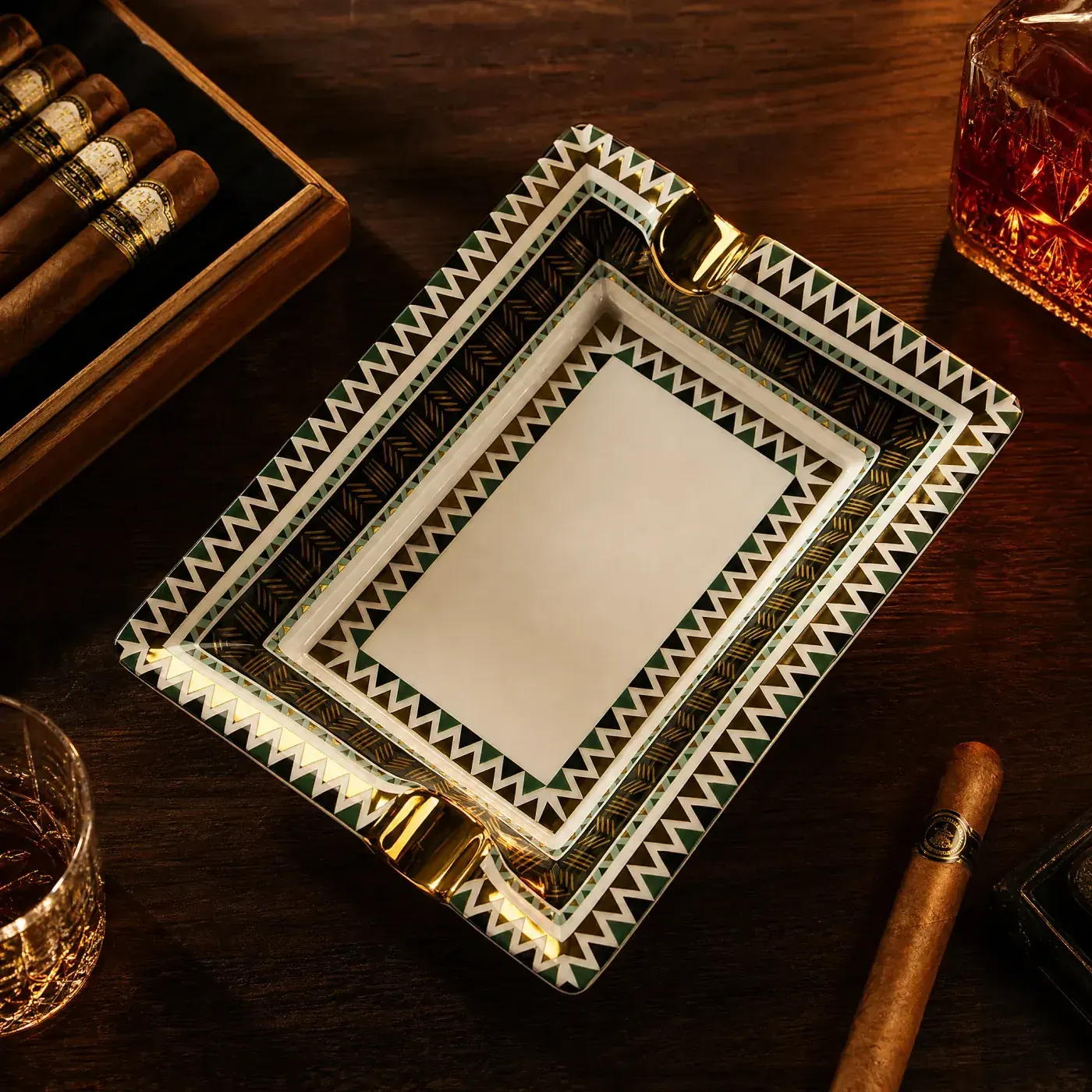 Rectangular ceramic cigar ashtray with green and gold chevron pattern for gift sets