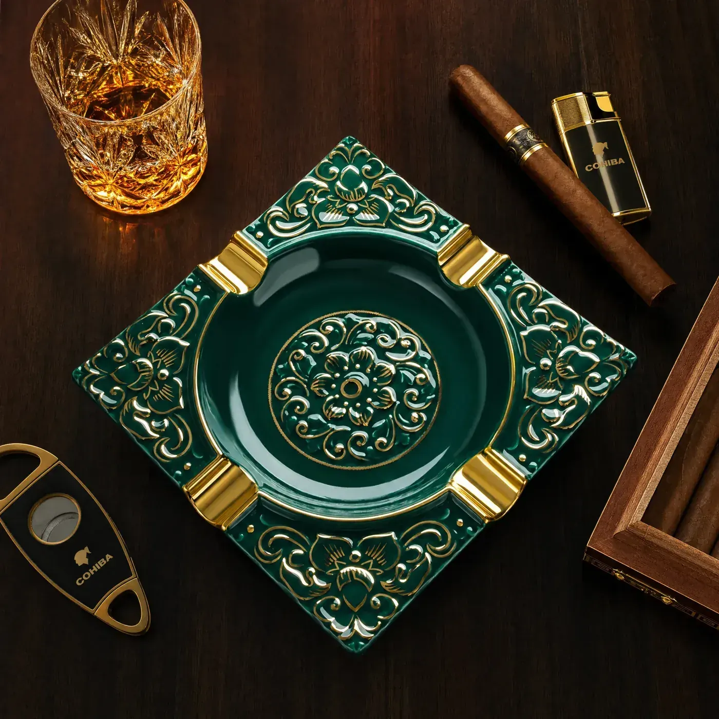 Emerald square ceramic cigar ashtray with gold floral embossing for retail display