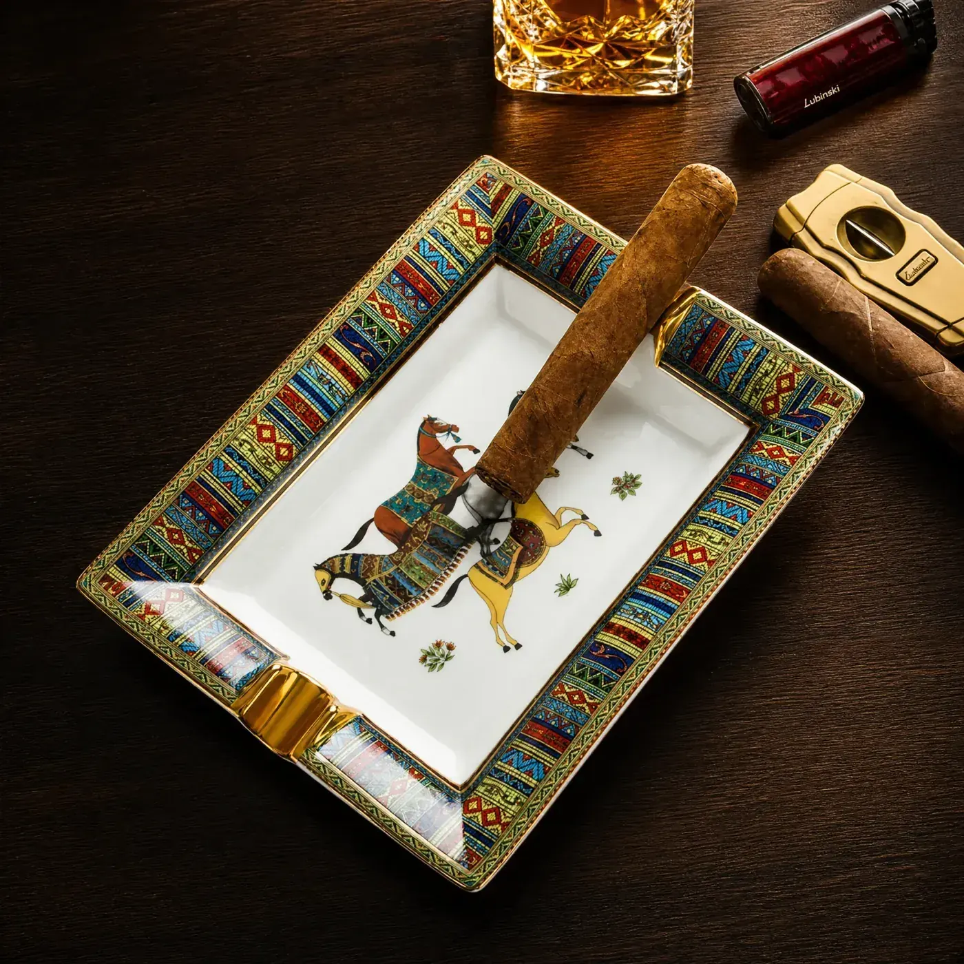 Rectangular ceramic cigar ashtray with equestrian motif and geometric rim for retail programmes