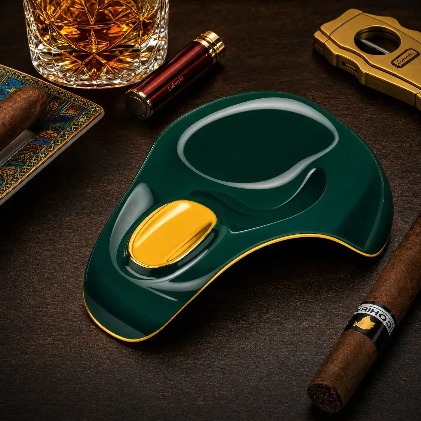 Forest-green ceramic cigar ashtray with gold rim for lounge service programmes
