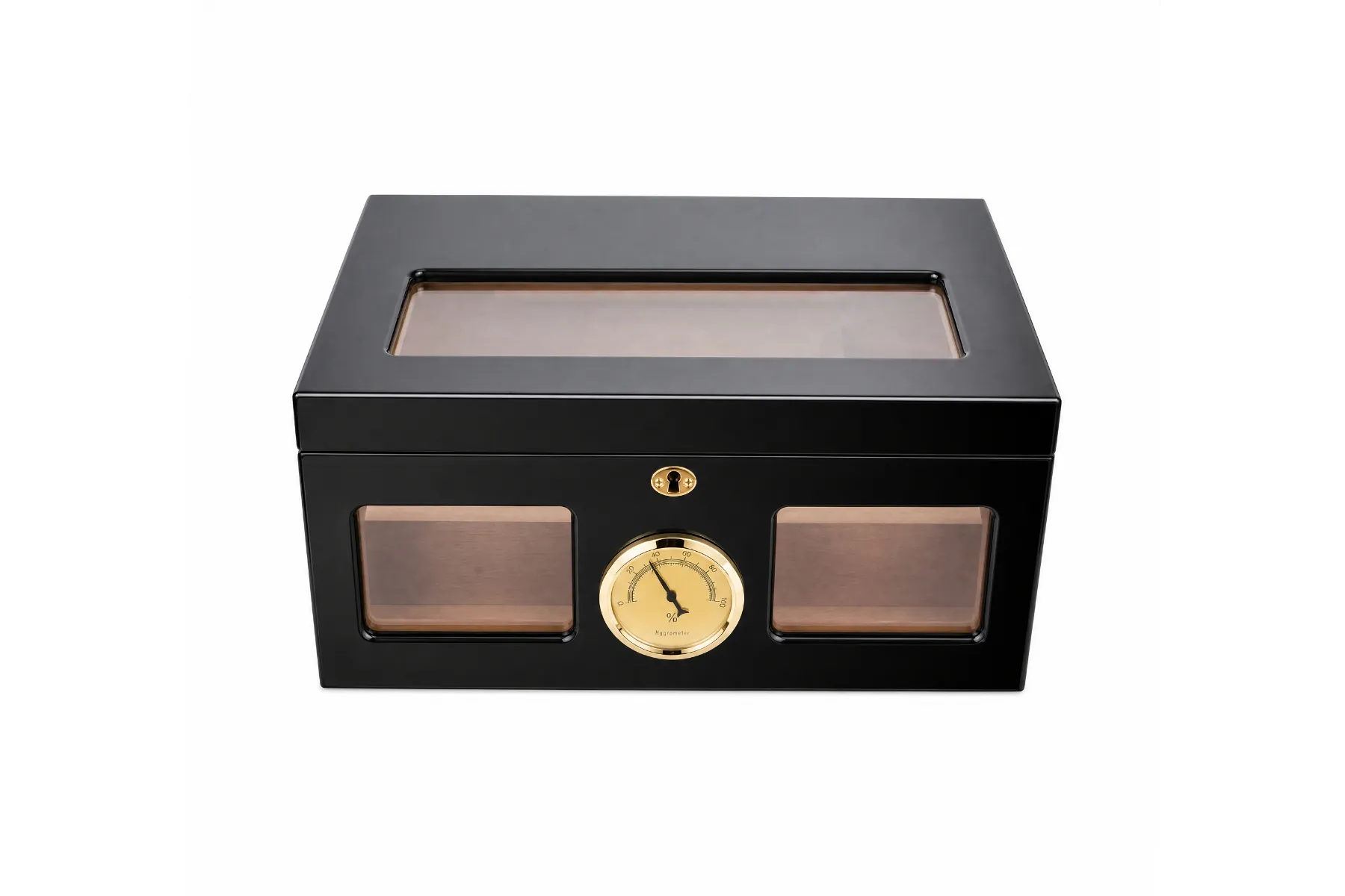 Black lacquer cigar humidor with glass viewing panels and gold analog hygrometer