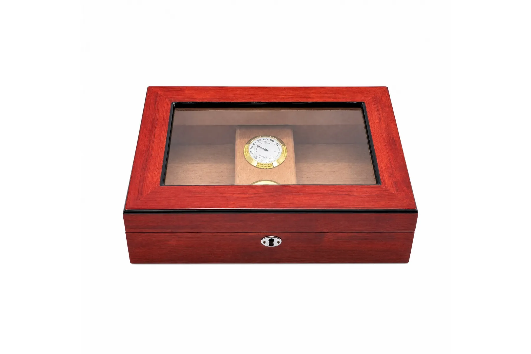 Cherry-finish cigar humidor with glass viewing lid and interior-mounted hygrometer