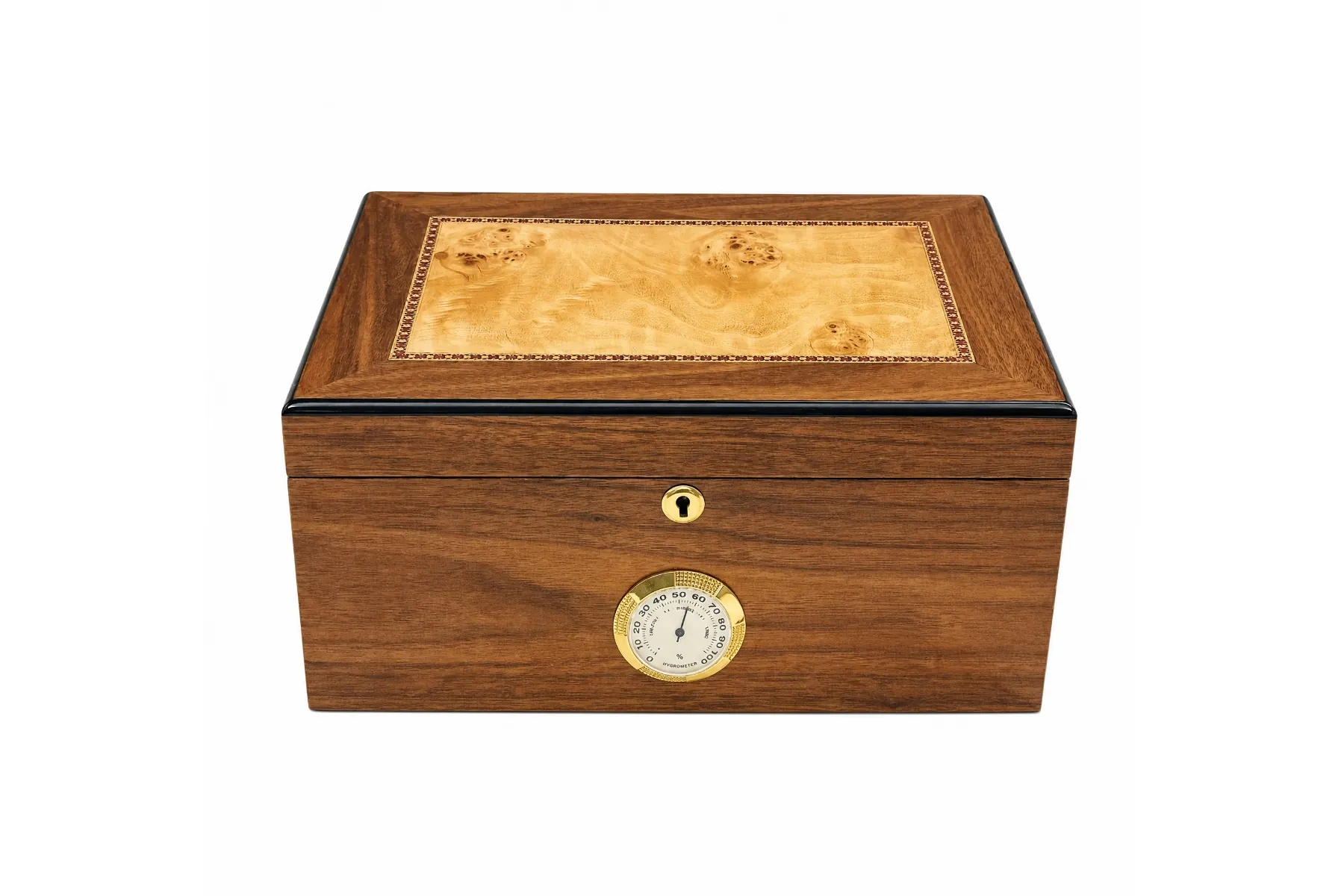 Dark hardwood cigar humidor with burl lid inlay, geometric marquetry, and analog hygrometer