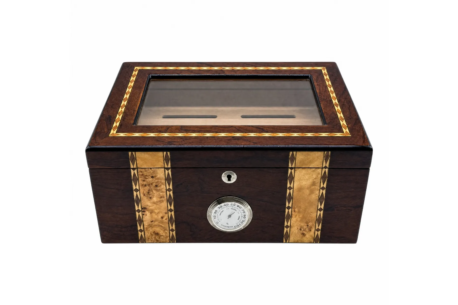 Dark wood cigar humidor with diamond marquetry border, burl front panels, and analog hygrometer