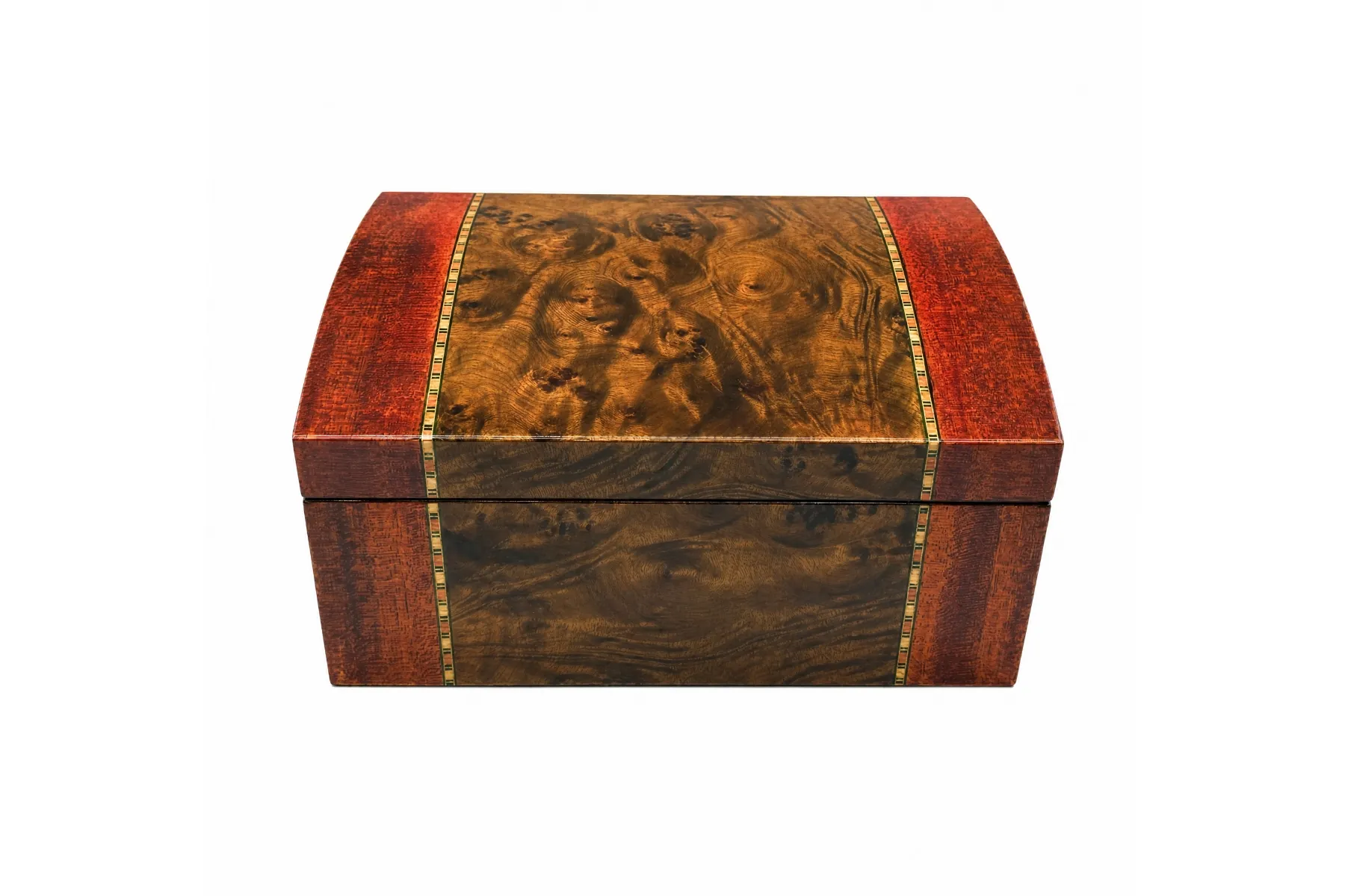 Domed burl wood cigar humidor with mahogany side panels and geometric inlay