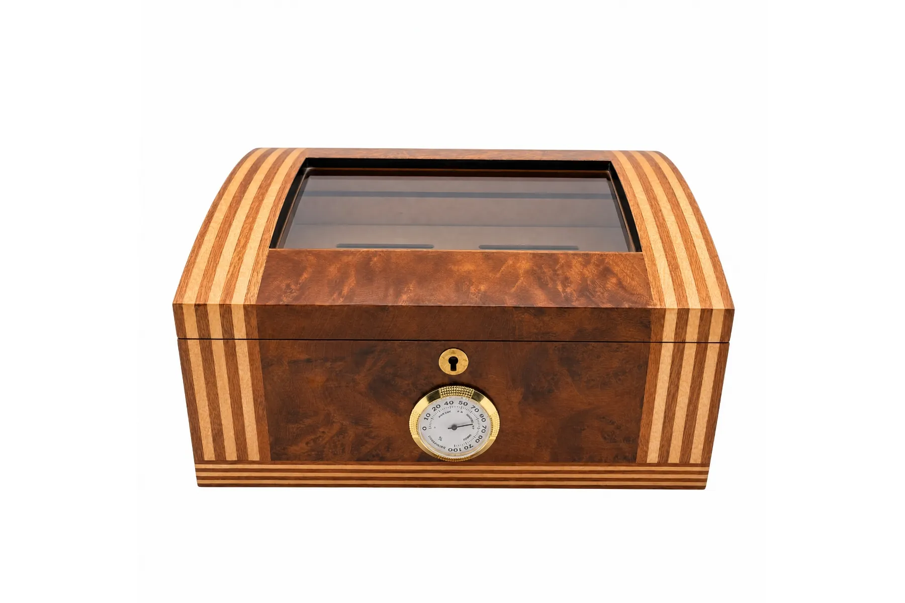 Domed burl wood cigar humidor with glass lid, striped inlay, and analog hygrometer