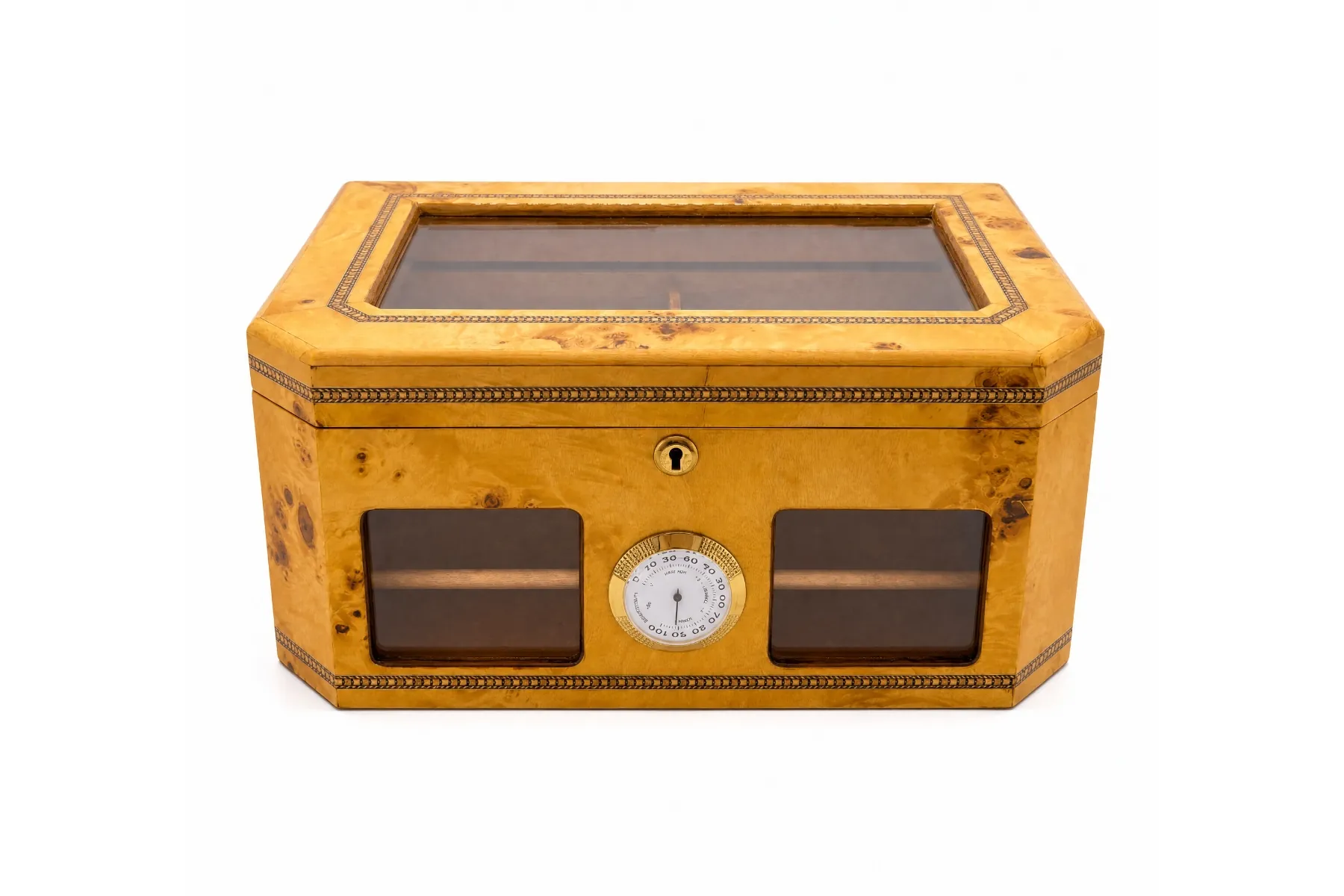 Honey burl wood cigar humidor with glass lid, front viewing windows, and analog hygrometer
