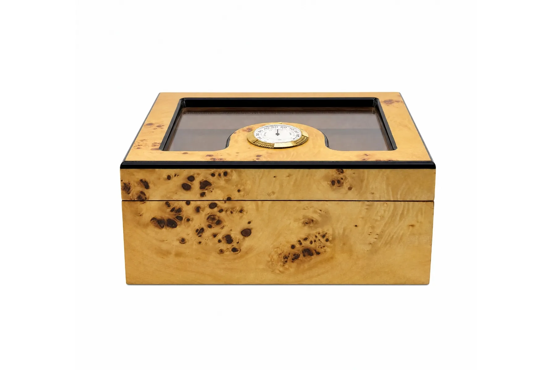Light burl wood cigar humidor with glass viewing lid and gold analog hygrometer