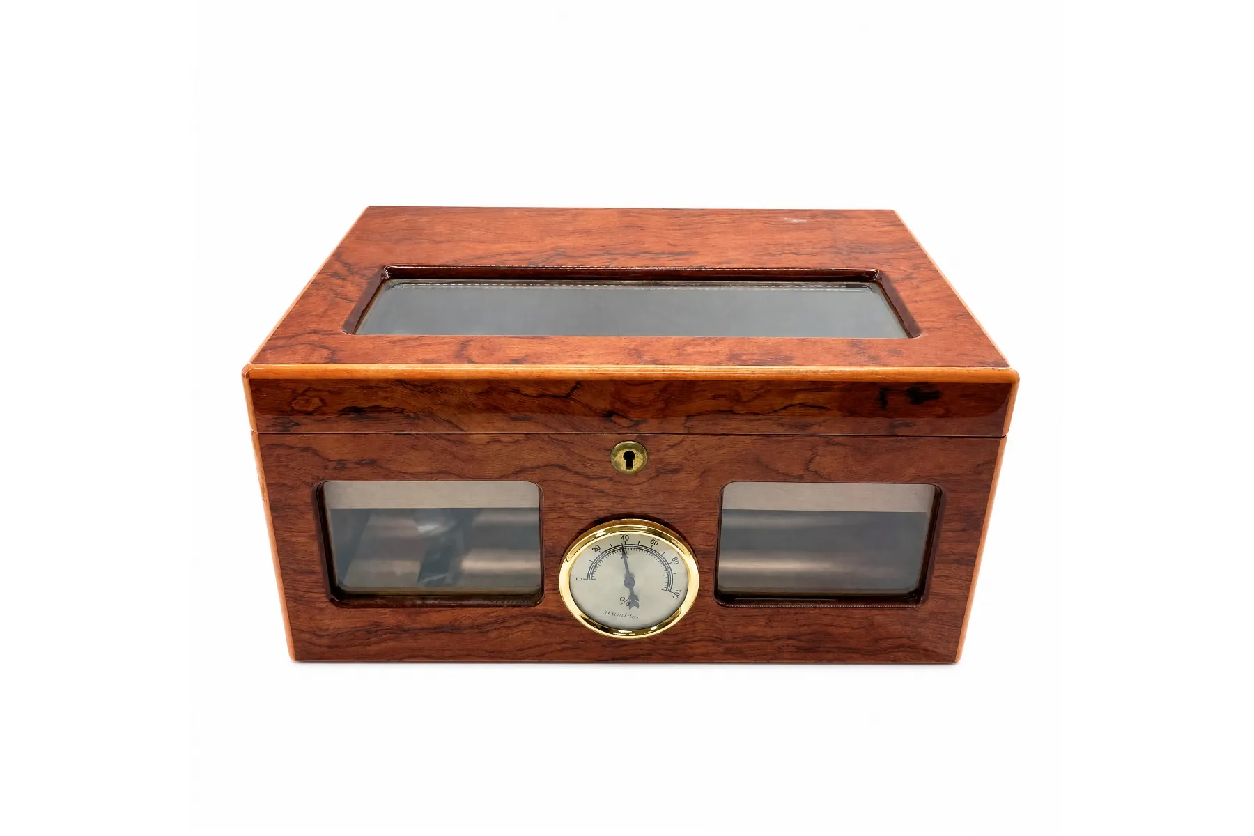 Mahogany cigar humidor with glass lid, front viewing windows, and analog hygrometer