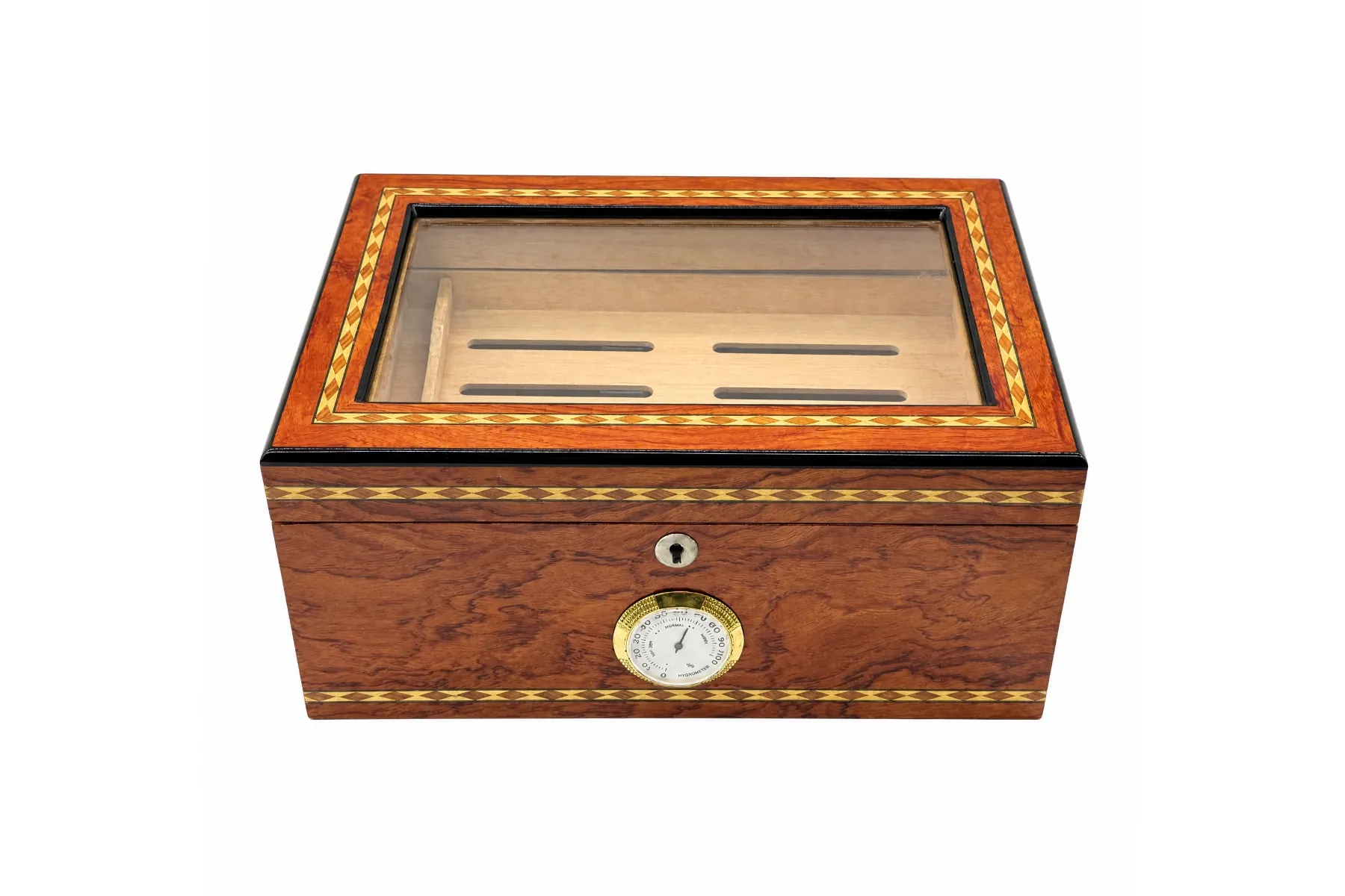 Reddish burl cigar humidor with diamond marquetry bands, glass lid, and analog hygrometer