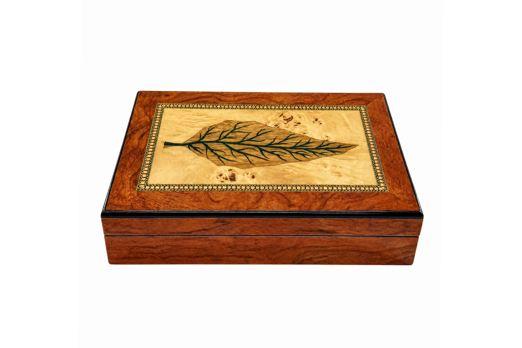 Burl wood cigar humidor with tobacco-leaf marquetry inlay on the lid