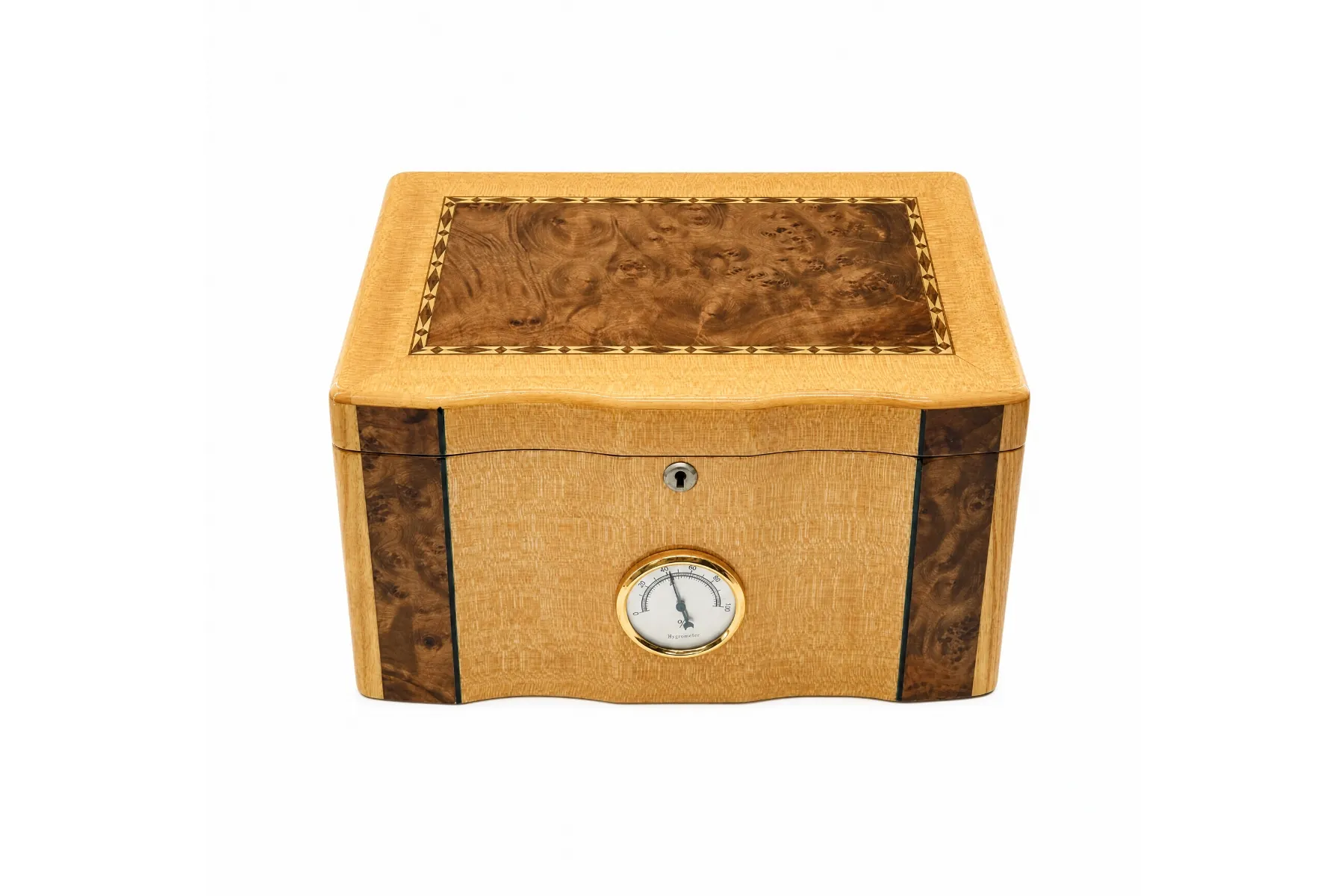 Wavy-profile cigar humidor with burl inlay, geometric marquetry, and analog hygrometer