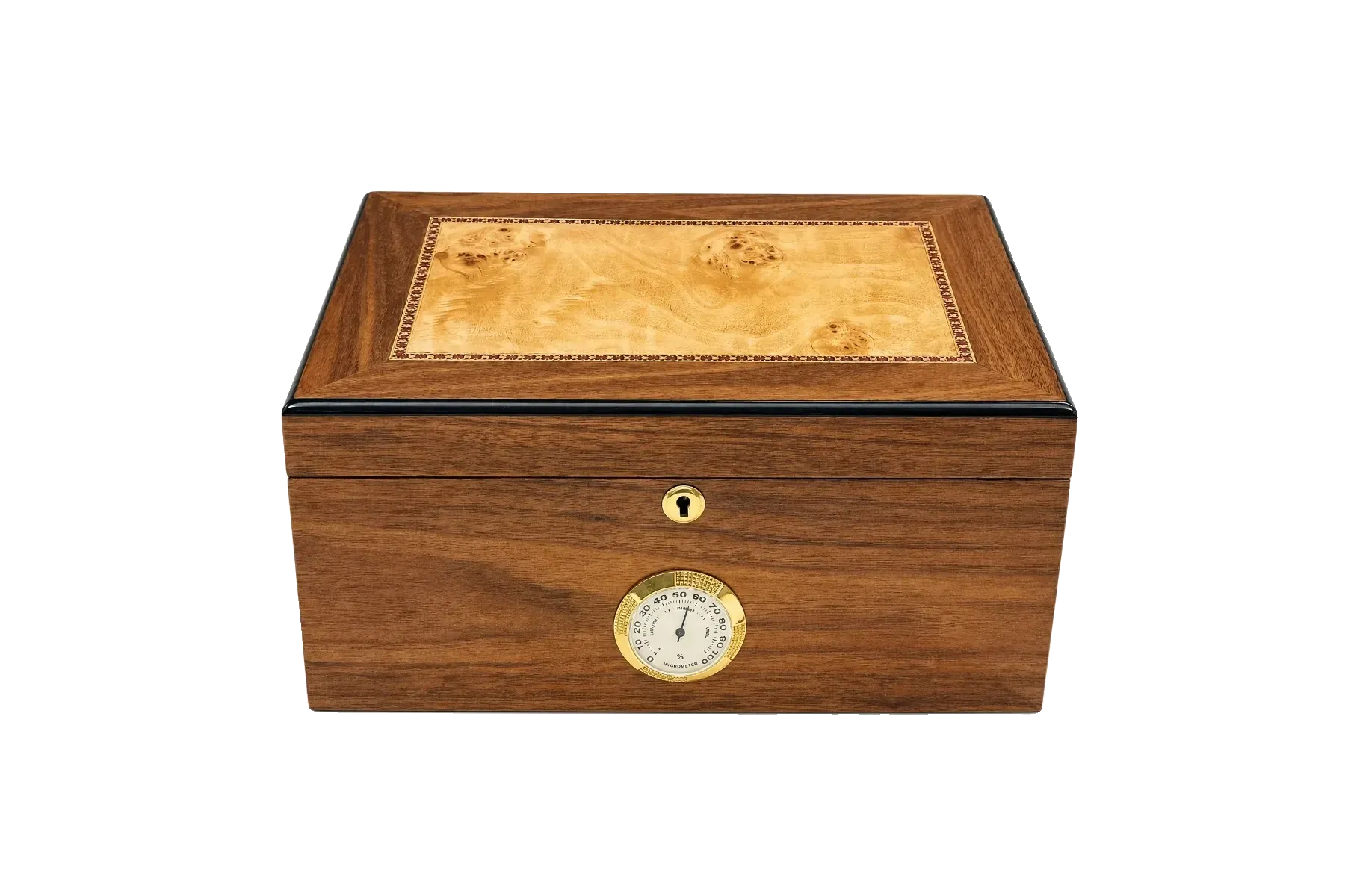 Hardwood cigar humidor with marquetry lid inlay and front-mounted hygrometer