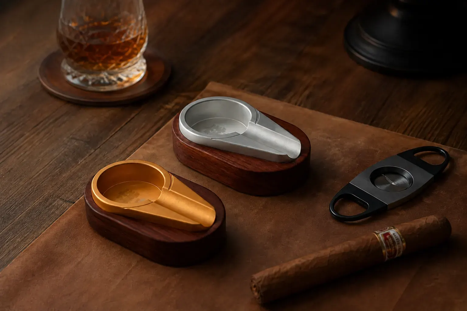 Gold- and silver-finish aluminium classic cigar ashtrays staged for high-end retail presentation