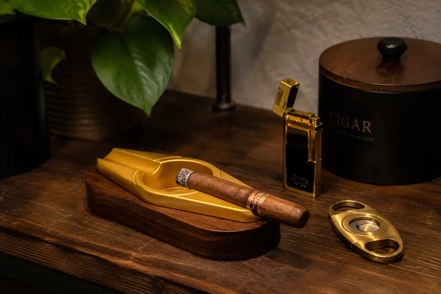 Gold-finish aluminium insert on a classic hardwood cigar ashtray with cigar, lighter, and cutter