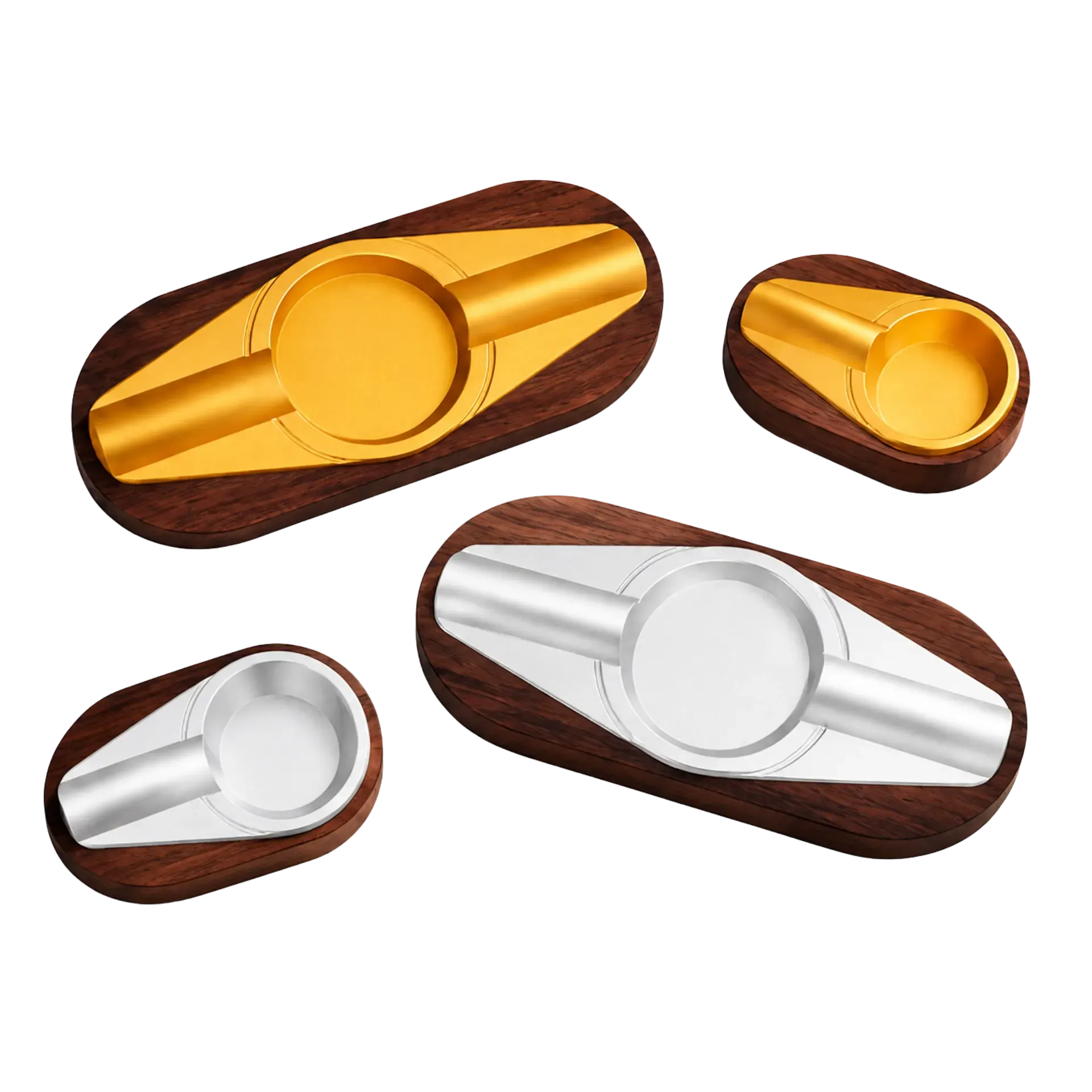 High-end classic hardwood cigar ashtrays with gold and silver aluminium inserts, single-rest and double-rest