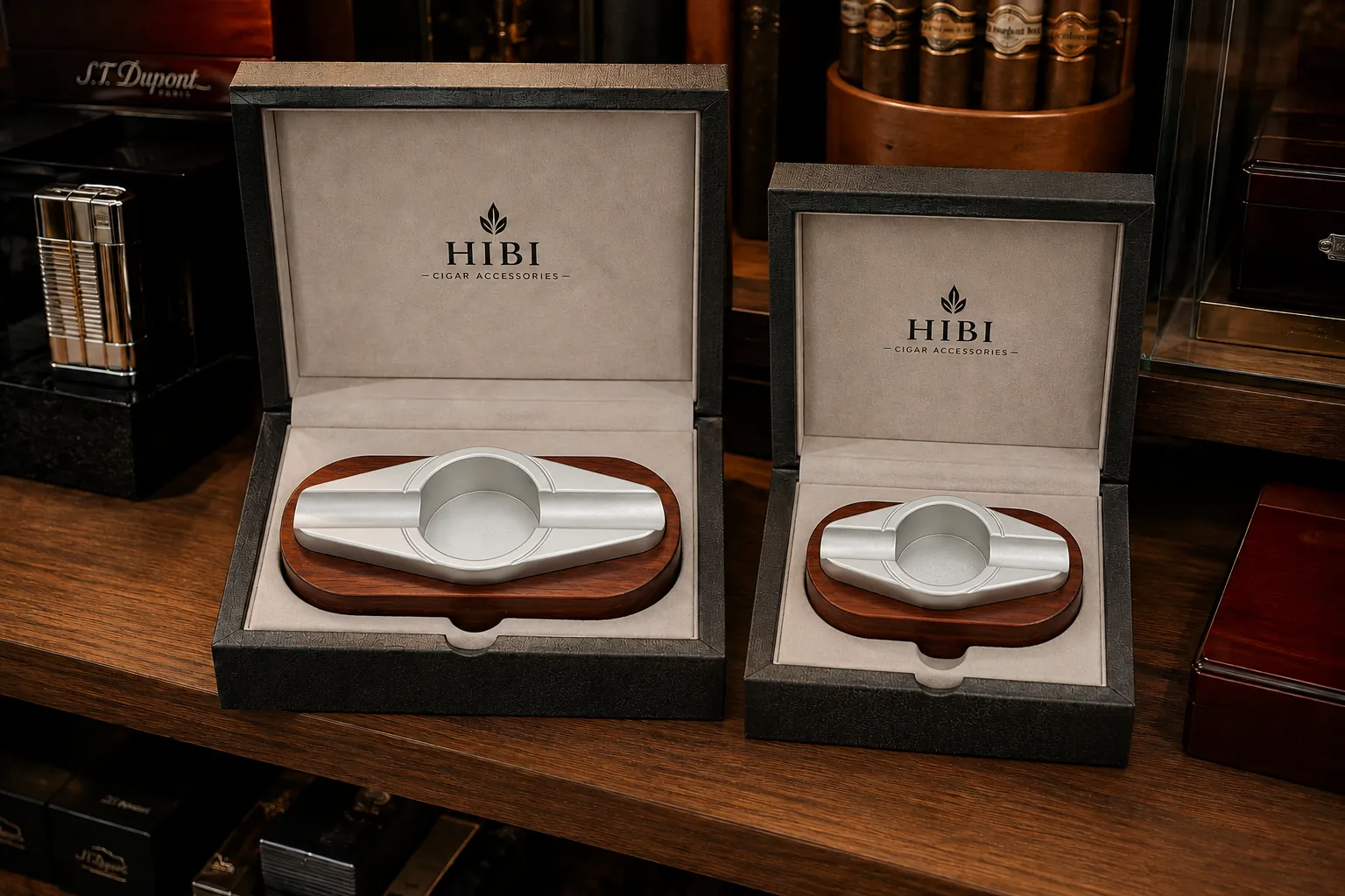 Classic hardwood cigar ashtrays with silver aluminium inserts presented in branded gift boxes for retail programmes