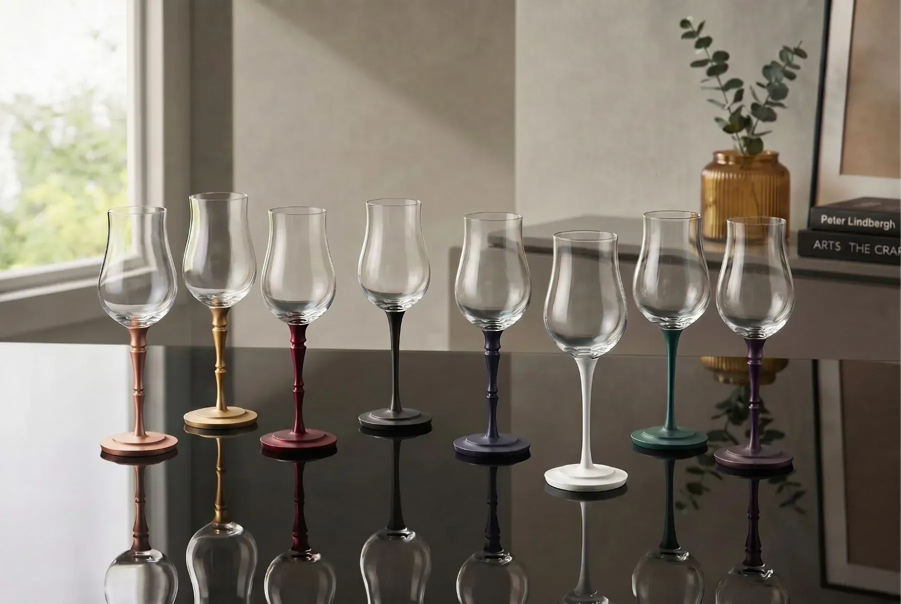 Crystal stemmed glass with hardwood stem on a tasting table