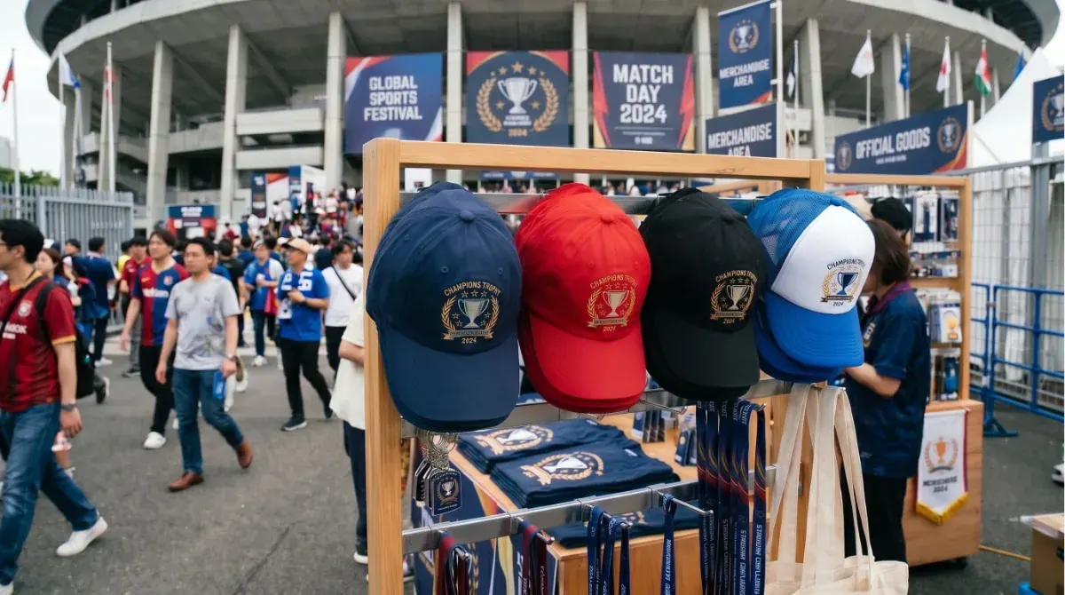 Custom embroidered caps arranged as corporate gift merchandise