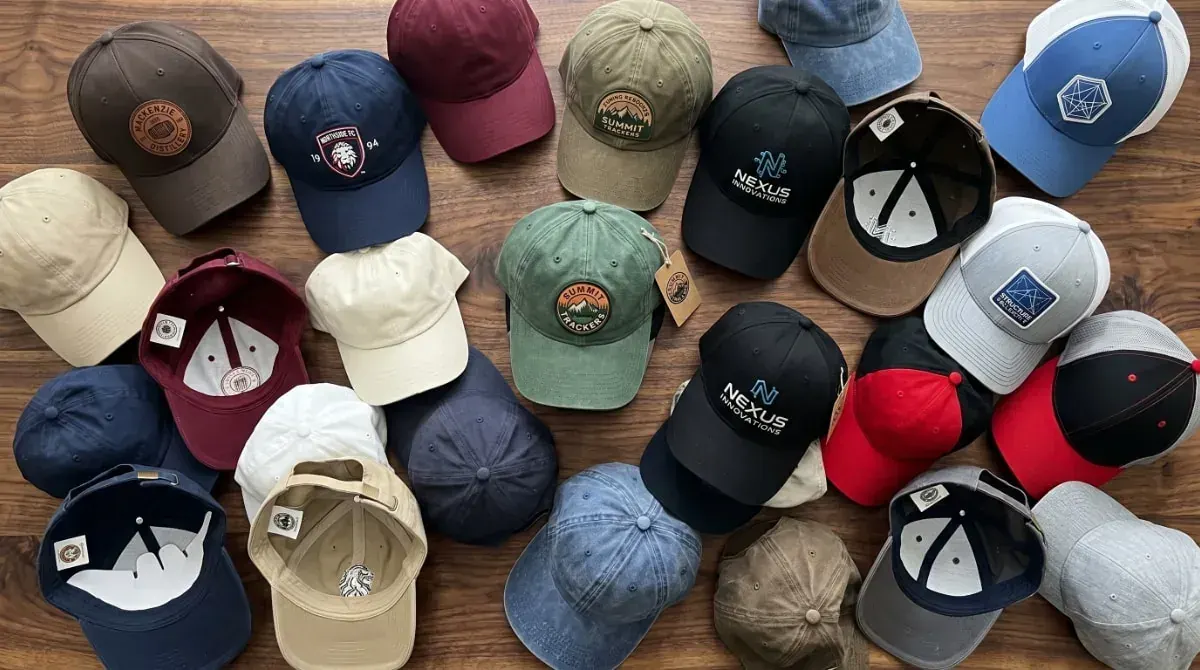 Custom embroidered baseball cap product detail with logo stitching on cotton twill