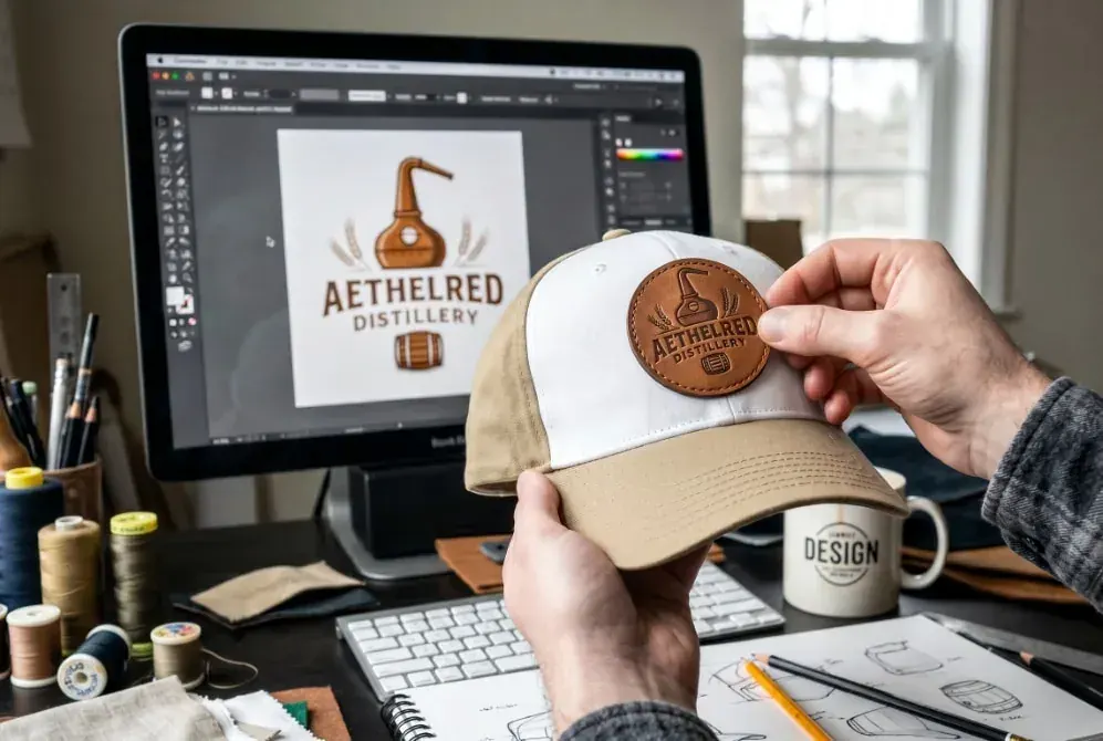 Logo embroidery in progress on a custom baseball cap