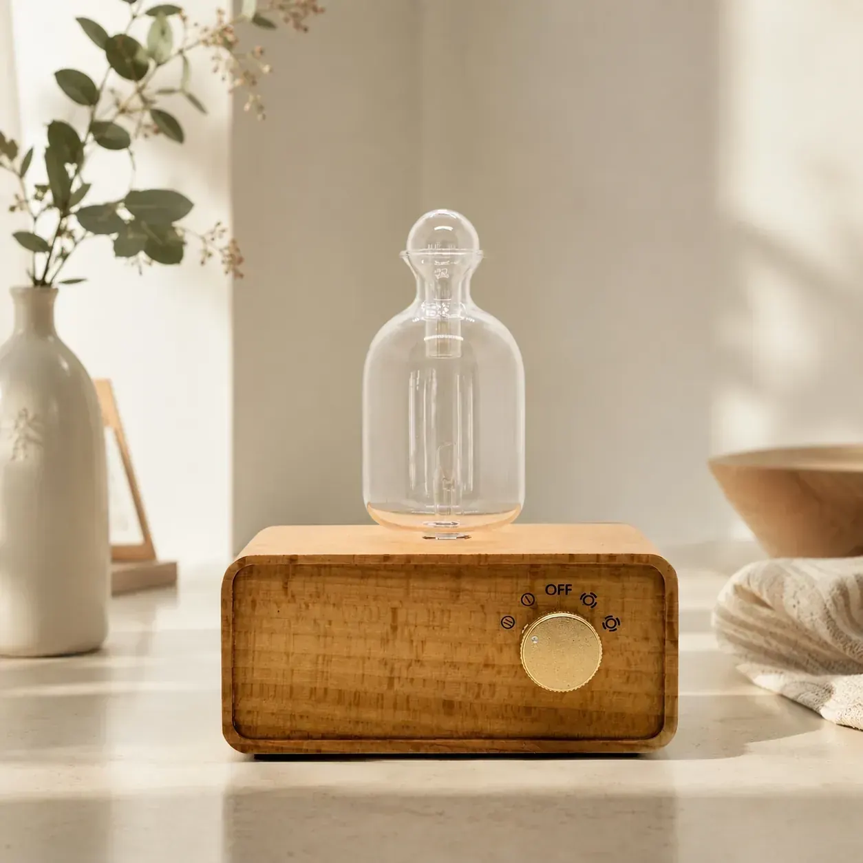 Light wood dual-fluid aroma diffuser with glass bottle reservoir and gold control dial