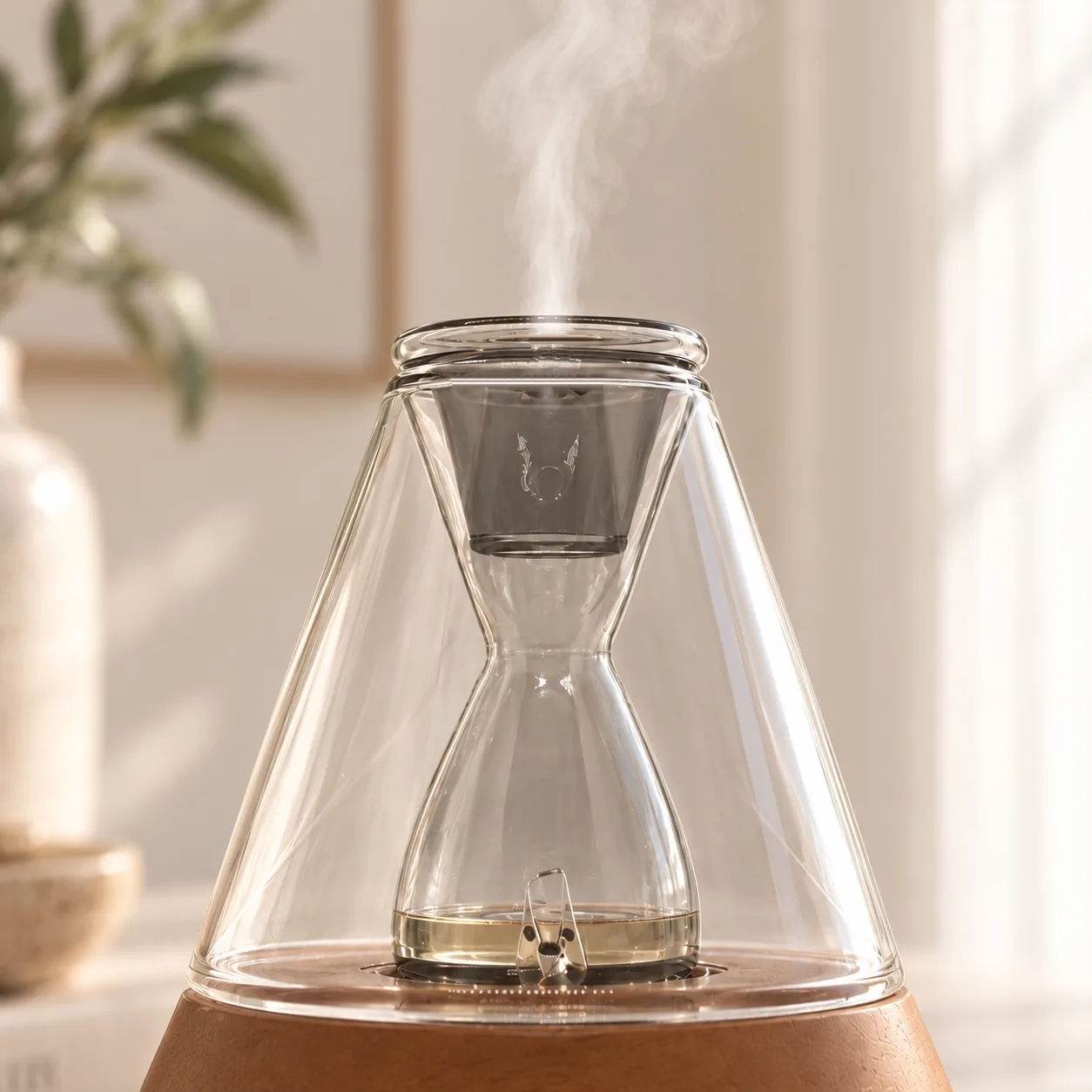 Hourglass borosilicate glass dual-fluid aroma diffuser releasing a dry aromatic mist