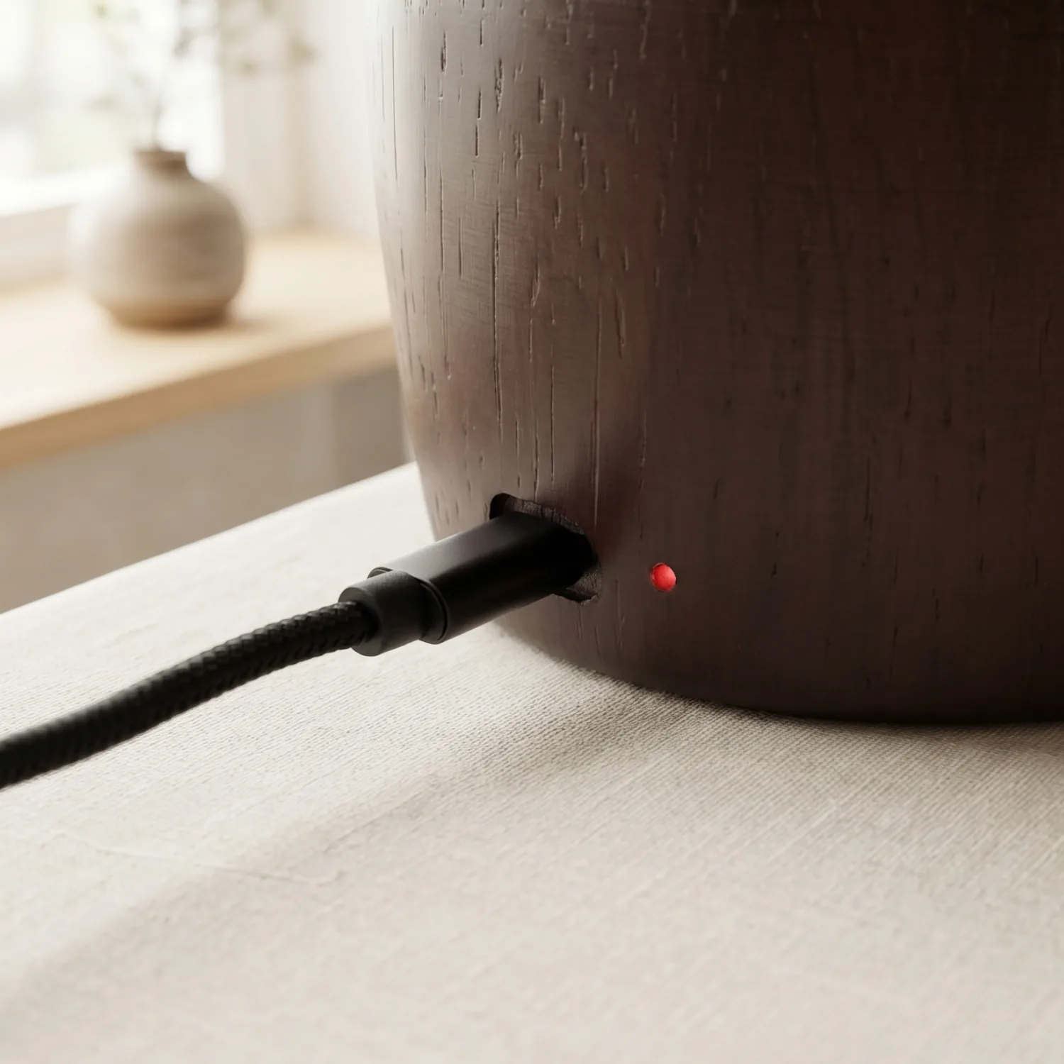 Dark wood dual-fluid aroma diffuser base with USB-C charging cable and red status light