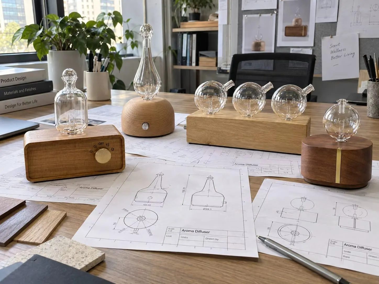 Wood-and-glass dual-fluid aroma diffuser prototypes with engineering drawings for custom silhouette and mold development