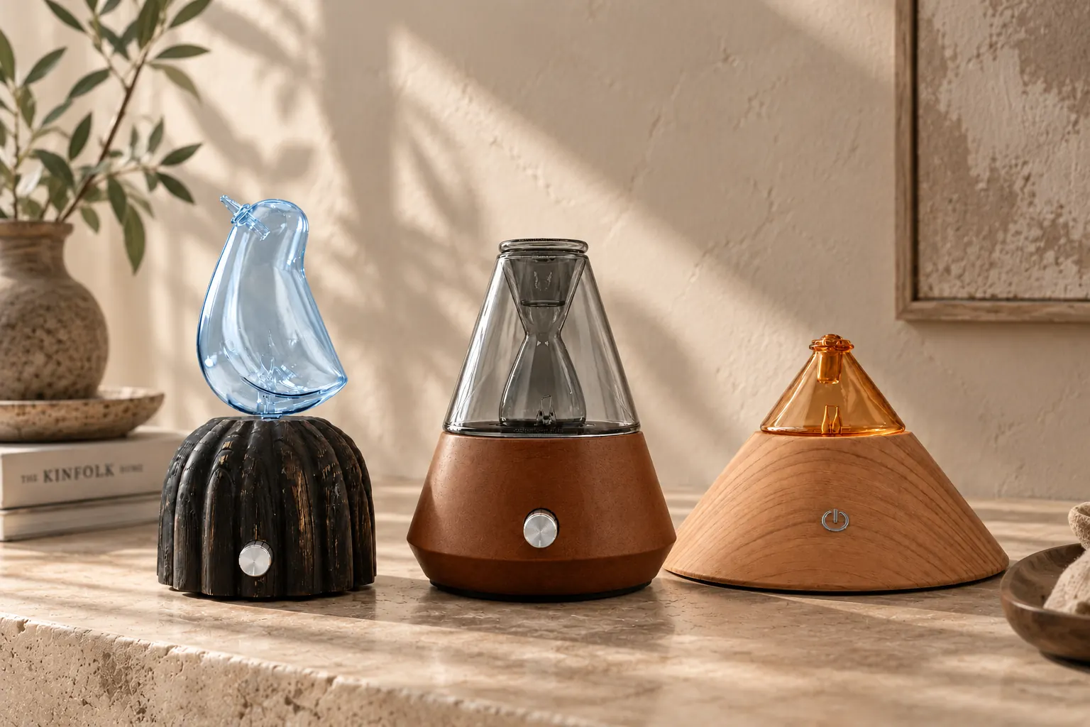 Three dual-fluid aroma diffusers showing dark, mid-tone, and light wood bases with coloured glass vessels