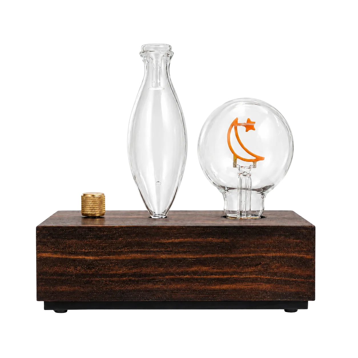 Dark wood dual-fluid aroma diffuser with oval glass vessel and moon-filament sphere