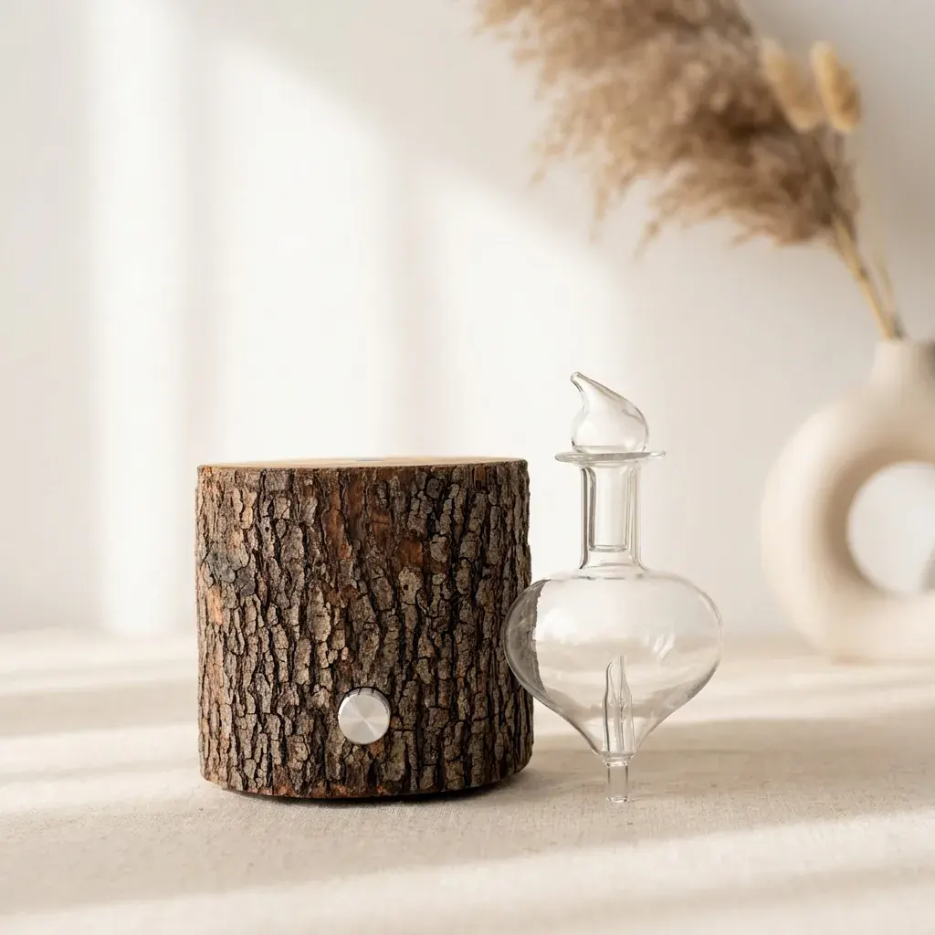 Natural bark wood dual-fluid aroma diffuser with teardrop glass flask and stopper