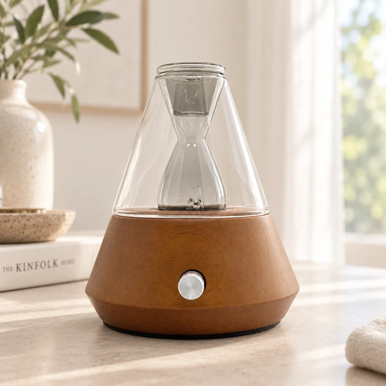 Light wood dual-fluid aroma diffuser with conical glass vessel and hourglass reservoir