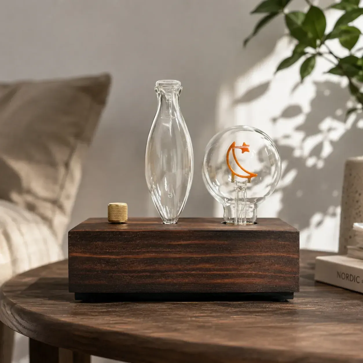 Dark wood dual-fluid aroma diffuser with glass oil vial and illuminated filament accent