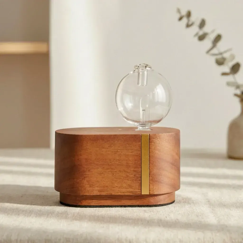 Oval hardwood dual-fluid aroma diffuser with spherical glass bulb and metal accent
