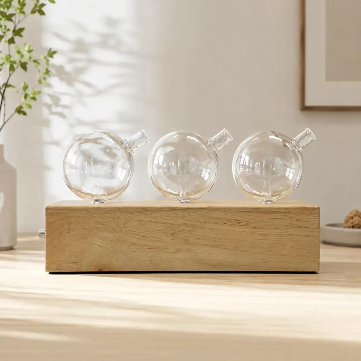 Three-chamber dual-fluid aroma diffuser with light wood base and spherical glass vessels
