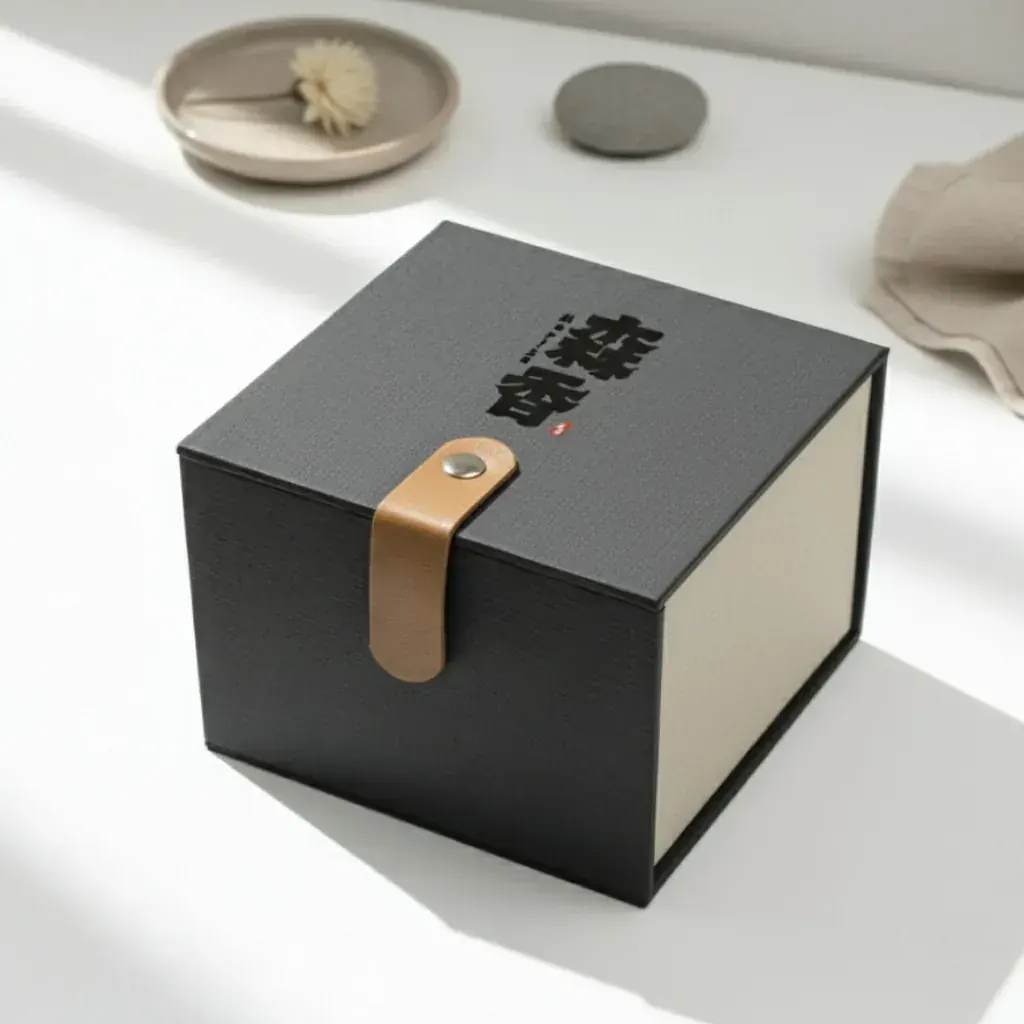 Charcoal and beige Morika gift box with leather clasp for branded Edo Kiriko programmes