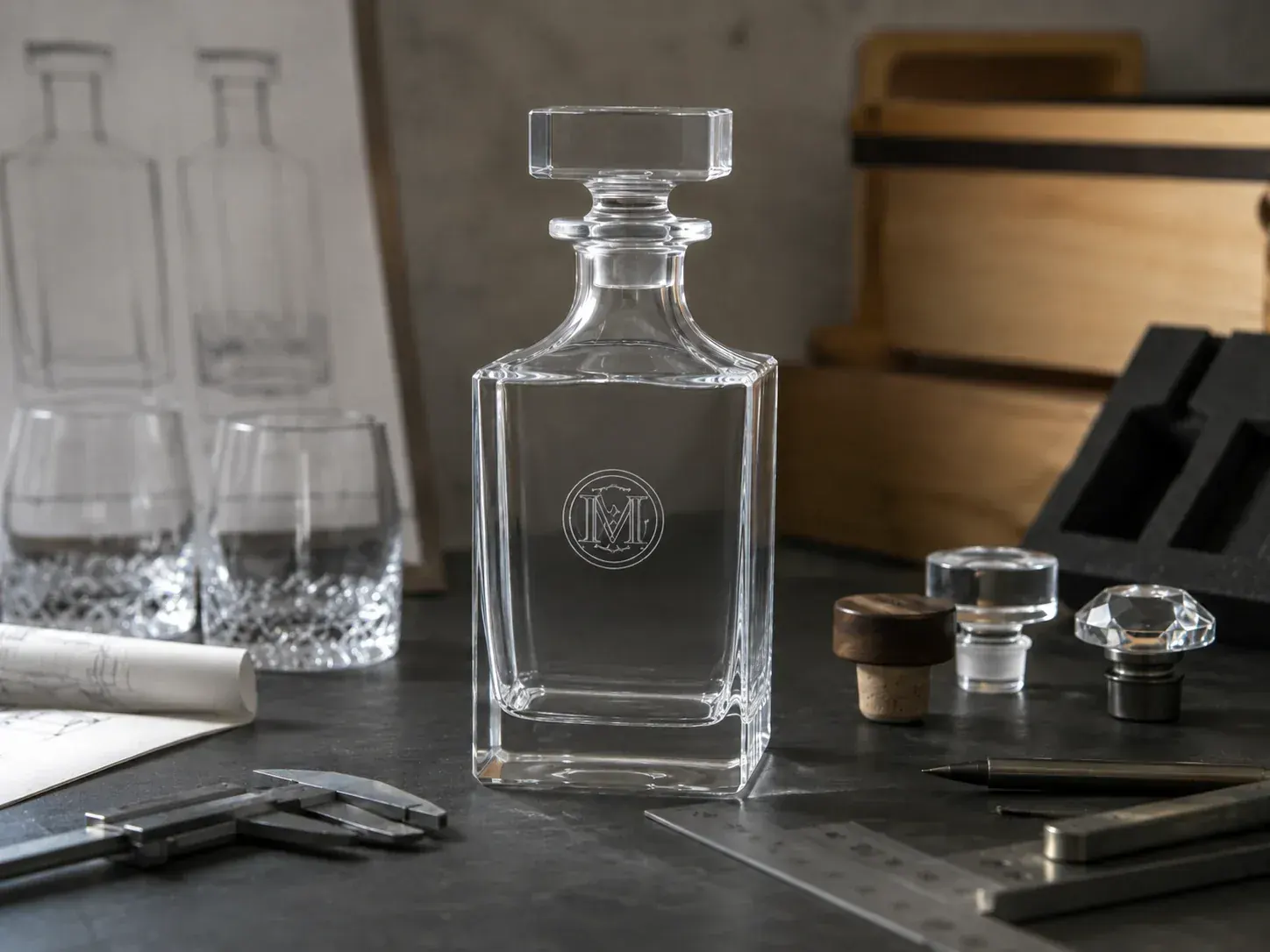 Sample glass decanters showing logo engraving and packaging customisation options