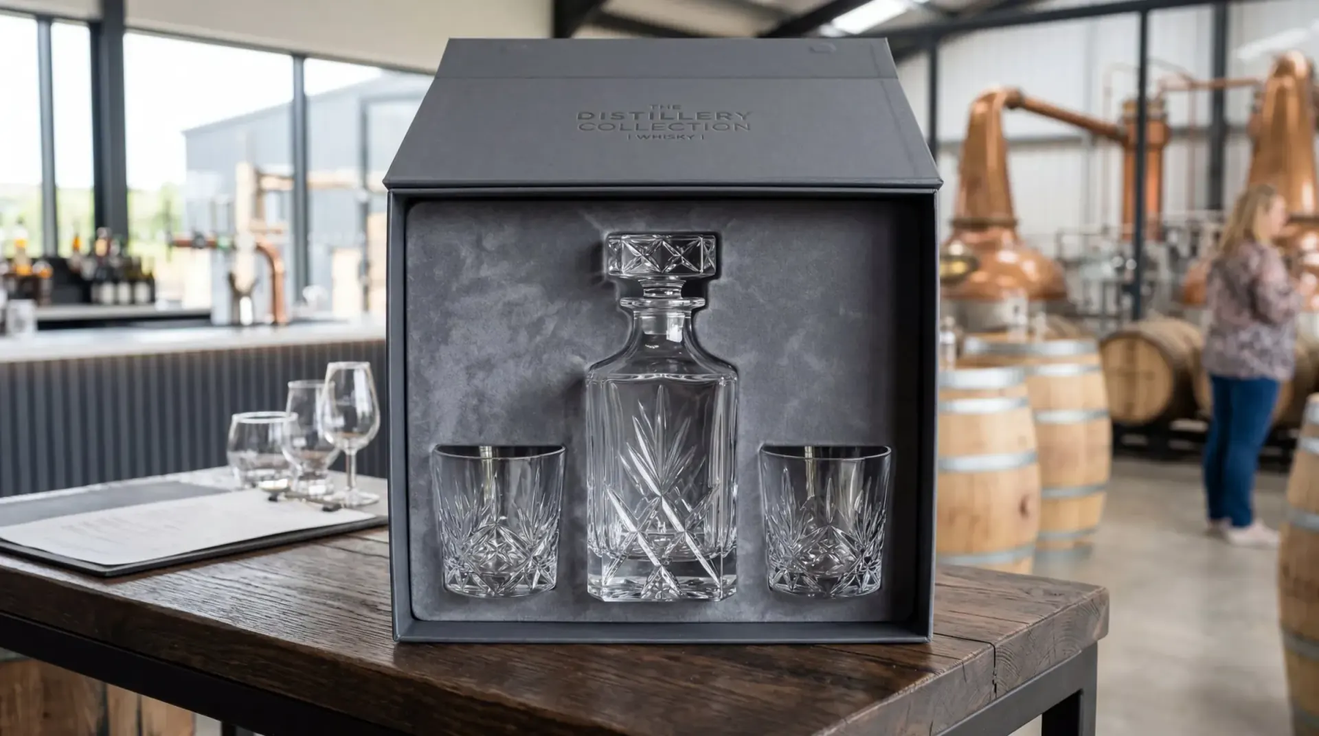 Cut-crystal decanter with matching stopper and tumblers