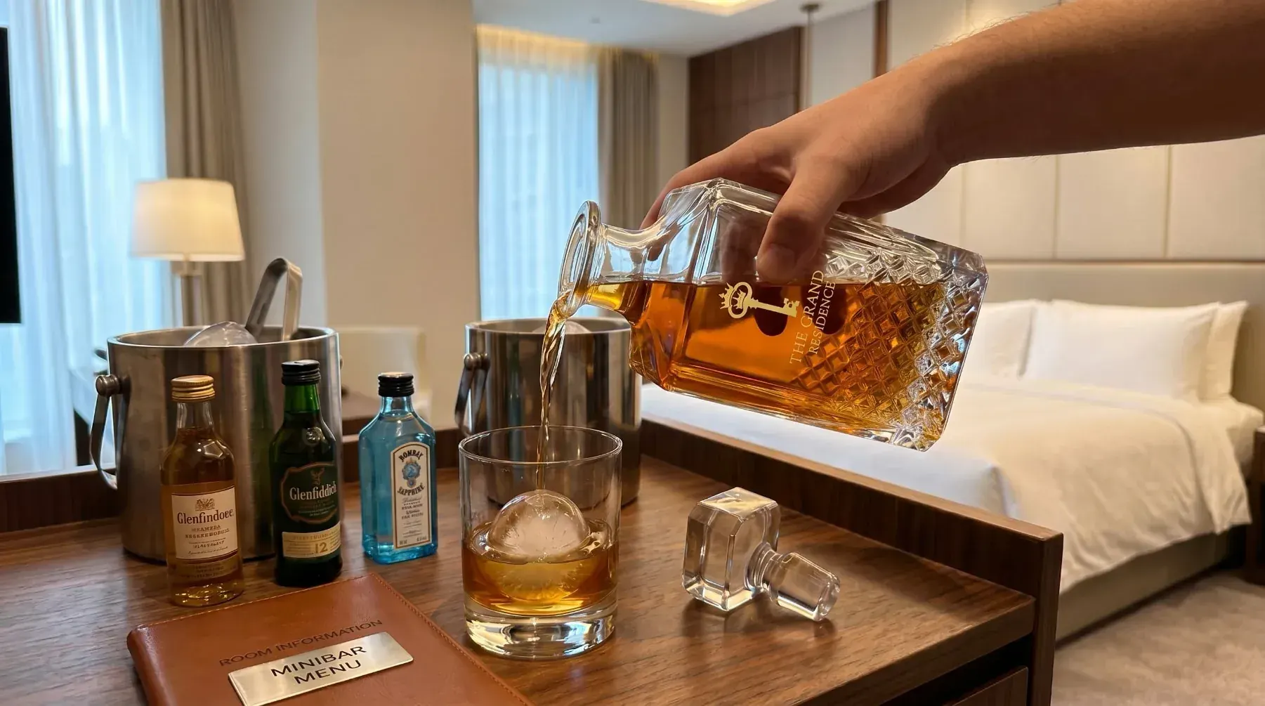 Crystal decanter poured at a hotel bar during evening service