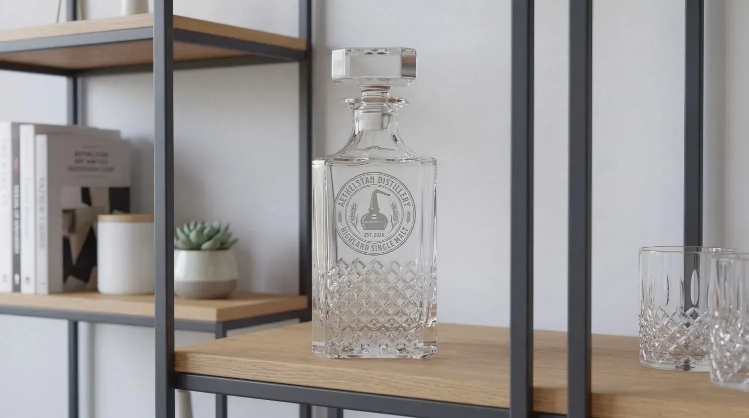 Crystal decanter pouring whiskey into a faceted tumbler