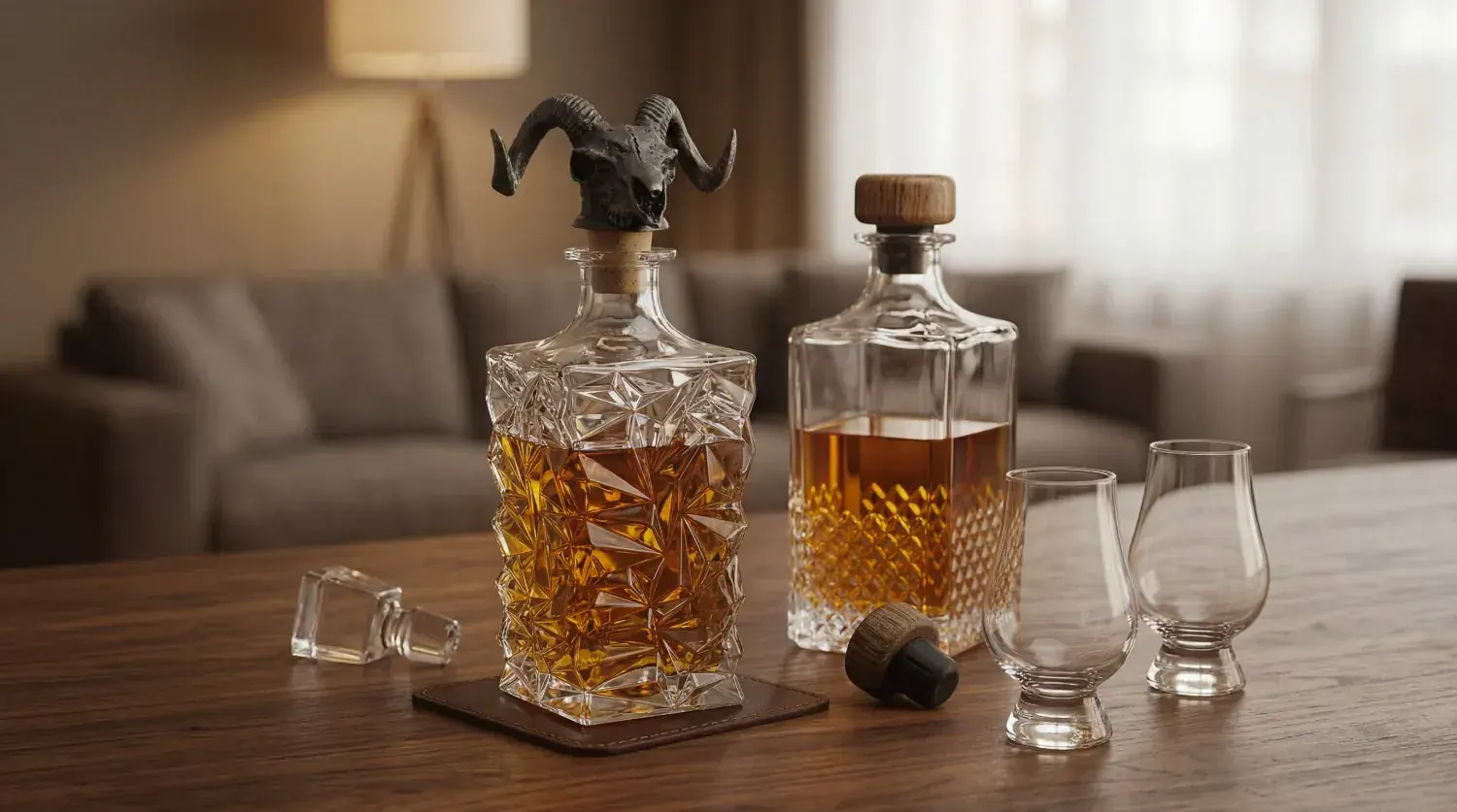 Two decanter silhouettes with tumblers and gift-set styling