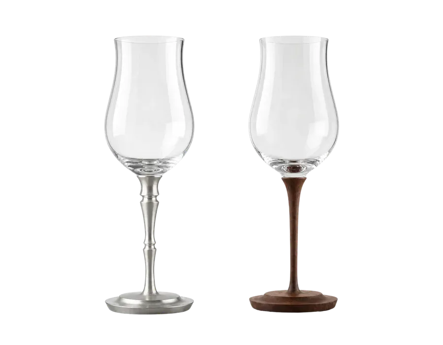 Crystal stemmed glass with CNC-machined wood stem on a neutral background