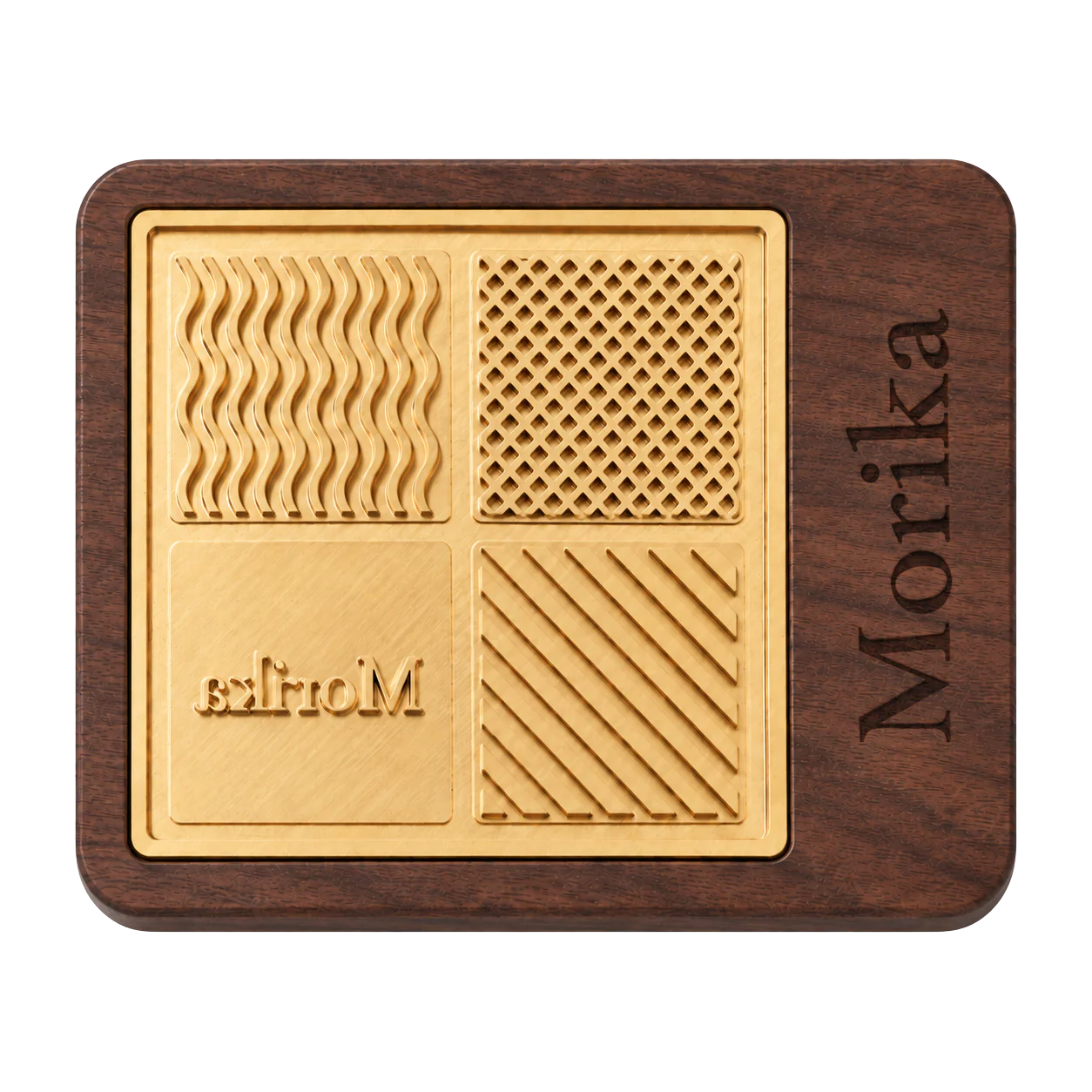 Copper ice-stamp plate with four carved patterns, set in a black walnut base with an engraved brand name