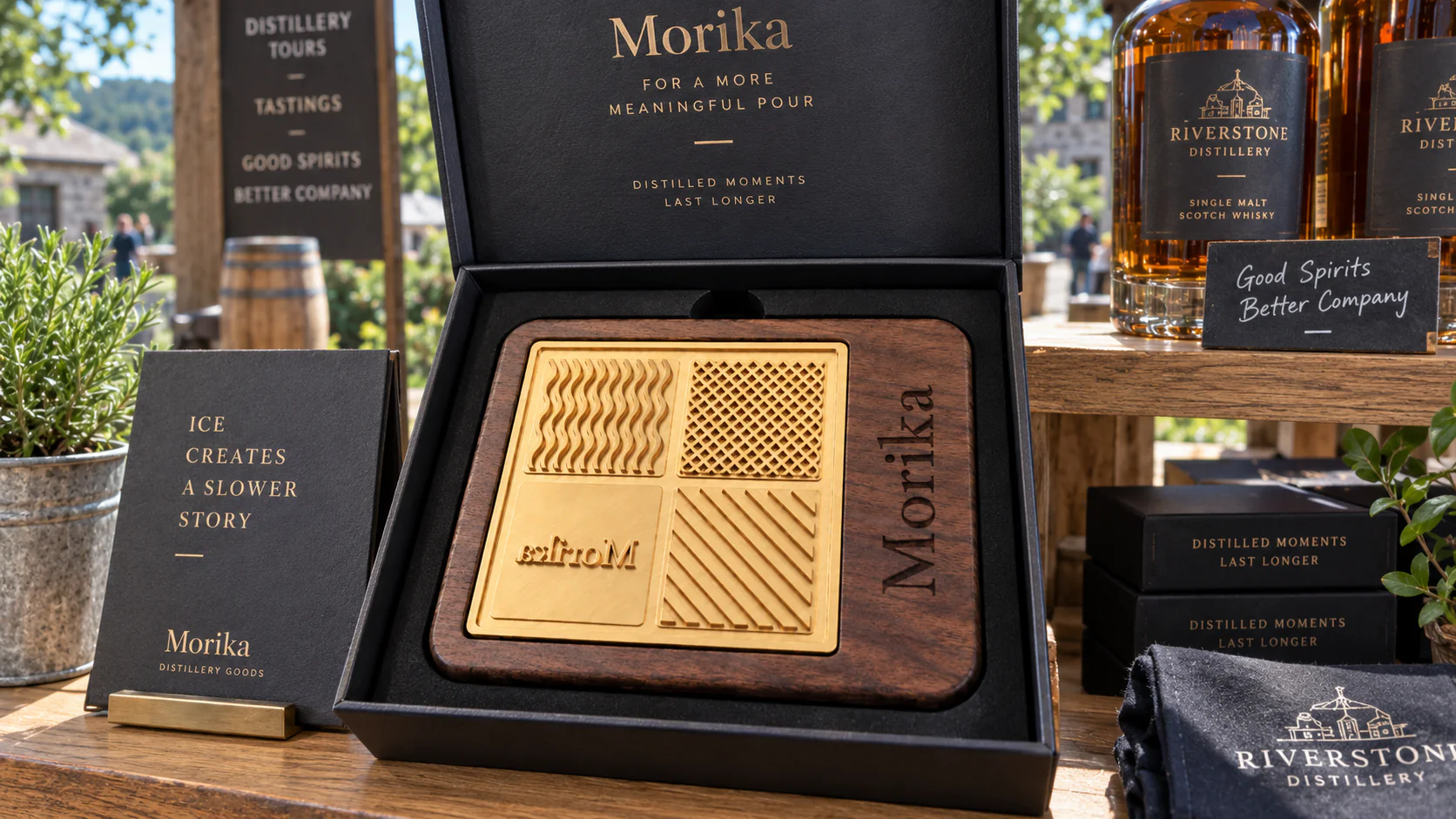 Ice branding stamp in a gift box at a distillery visitor centre beside whiskey bottles